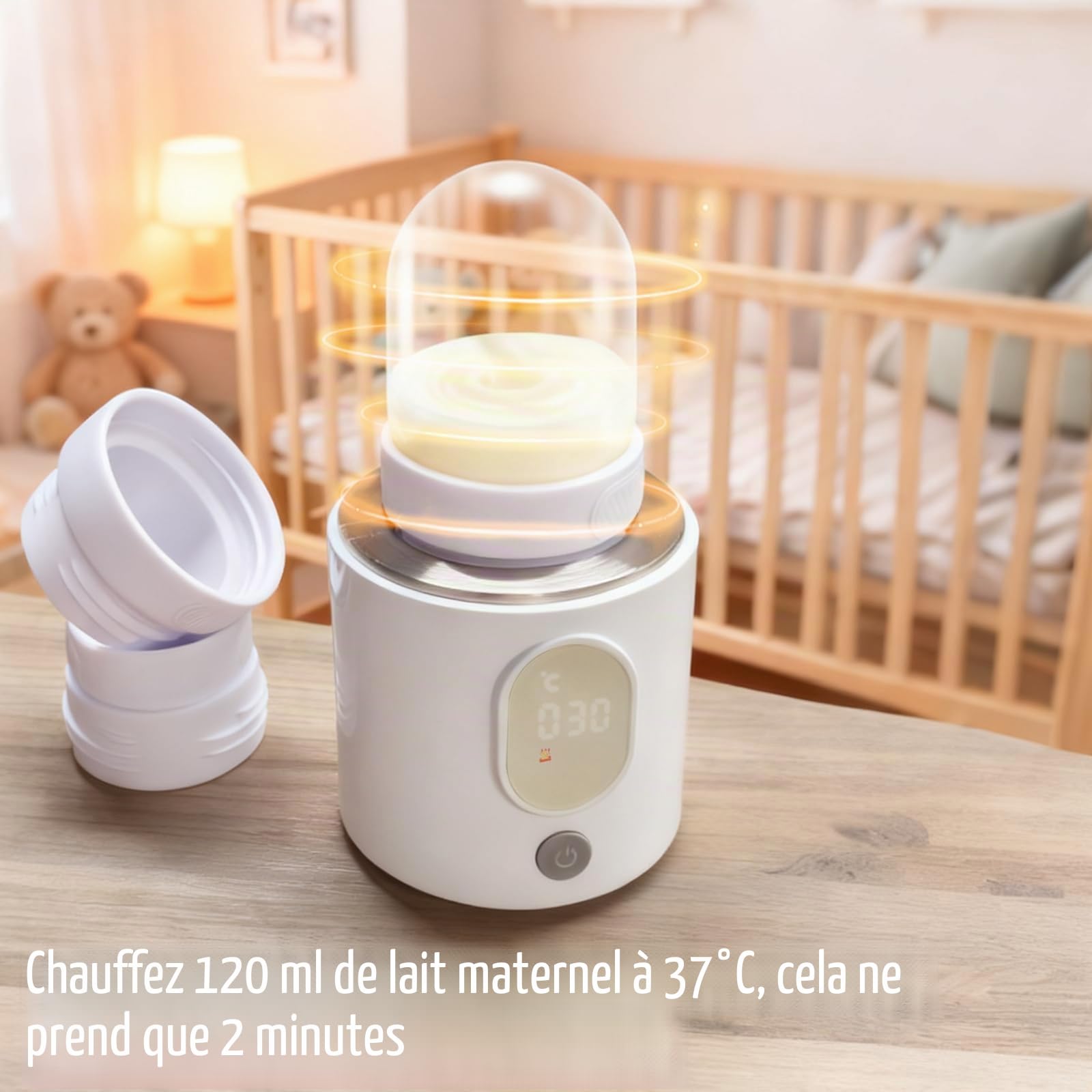 Chauffe Biberon Nomade, Chauffe Biberon Portable pour Bébé, 4 Niveaux de Puissance, 2 Modes, Protection Contre la Chauffe à Sec, Lavable pour Voiture et Voyage