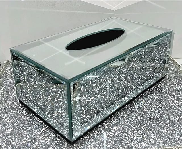 Deenz New Silver Crushed Crystal Diamond Tissue Box, Diamante Bling, Living Room