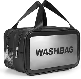 شنطة سفر لادوات الزينة للنساء والرجال من تيوتوسيج، شنطة سفر شفافة مقاومة للماء، شنطة سفر للعناية الشخصية مع مقبض عملي لتنظيم الاكسسوارات (اسود)، قماش بولي فينيل كلورايد