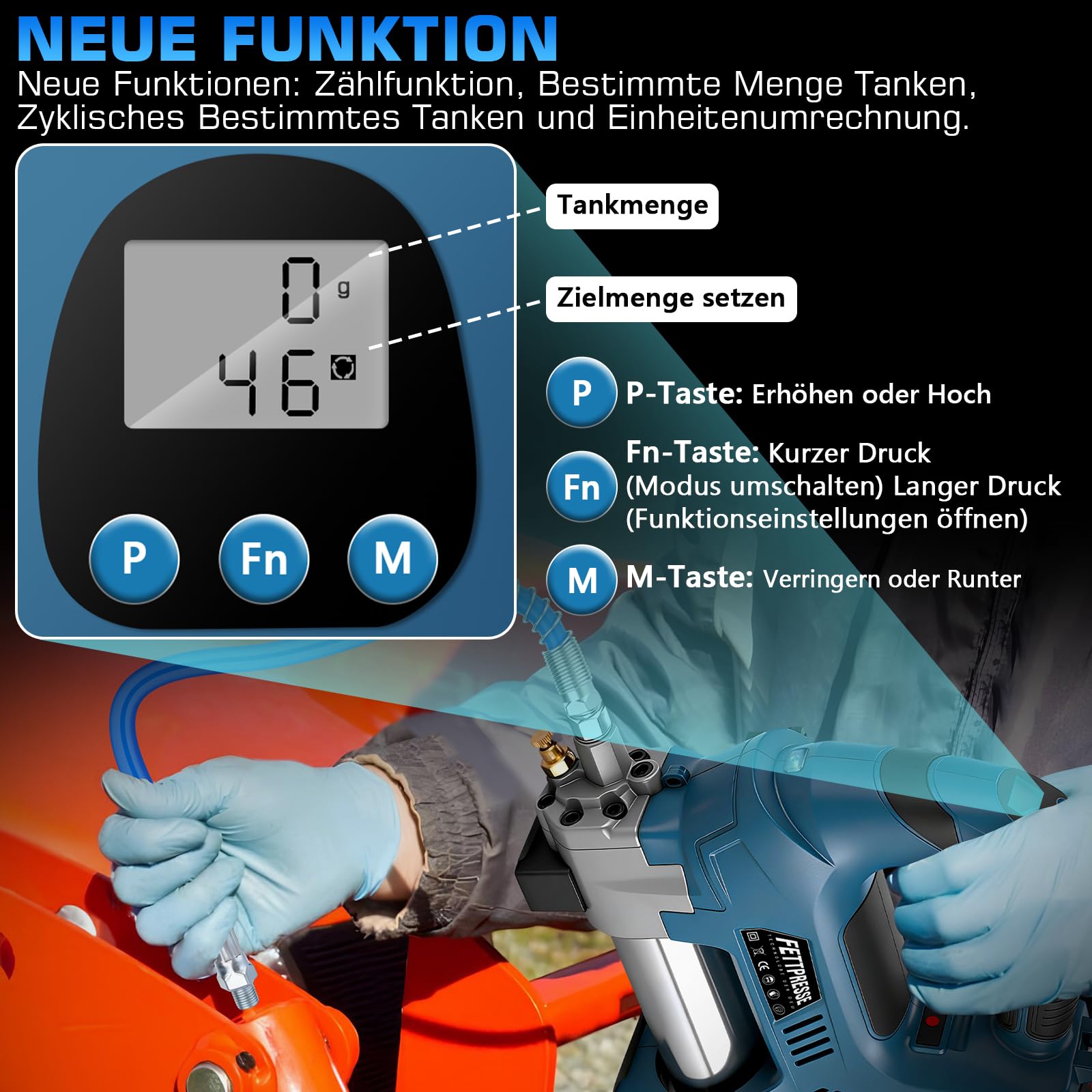 Pressa per grasso a batteria, compatibile con batteria Makita da 18 V, pressa elettrica con funzione dosatrice incl. tubo ad alta pressione da 100 cm, 3 bocchini, motore senza spazzole e lampada a LED