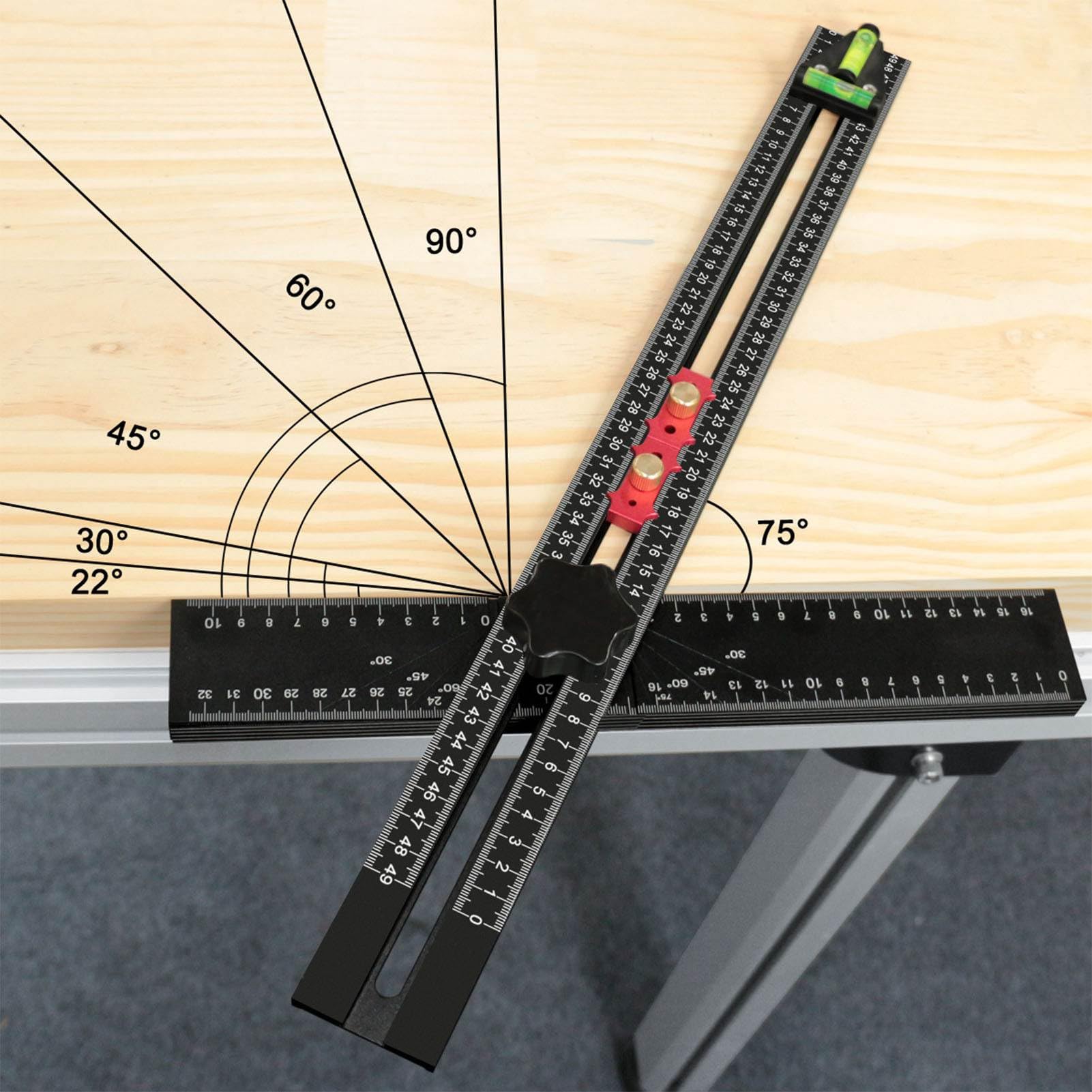 Équerre en Alliage d'Aluminium 54cm avec Niveau à Bulle, Outil de Mesure Multi - Angles pour Menuiserie, Règle Combinée Réglable pour Marquage 45 et 90 Degrés, Réglage par Bouton A