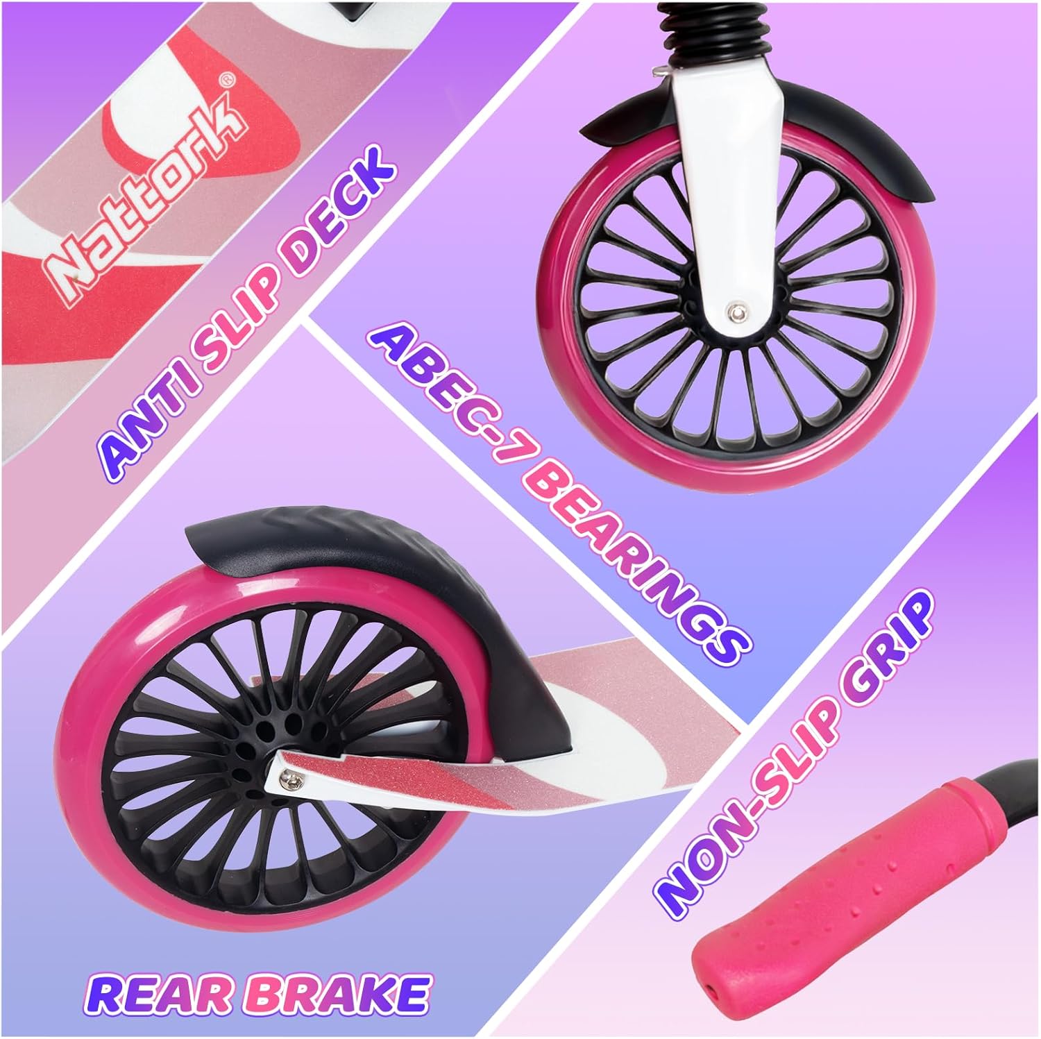 Nattork Kick Scooter for Age 6+ Kids Teens Adults, Max Load 240 LBS, Adjustable Height Foldable with 8" Large Wheels, Anti-Shock Suspension - Image 4