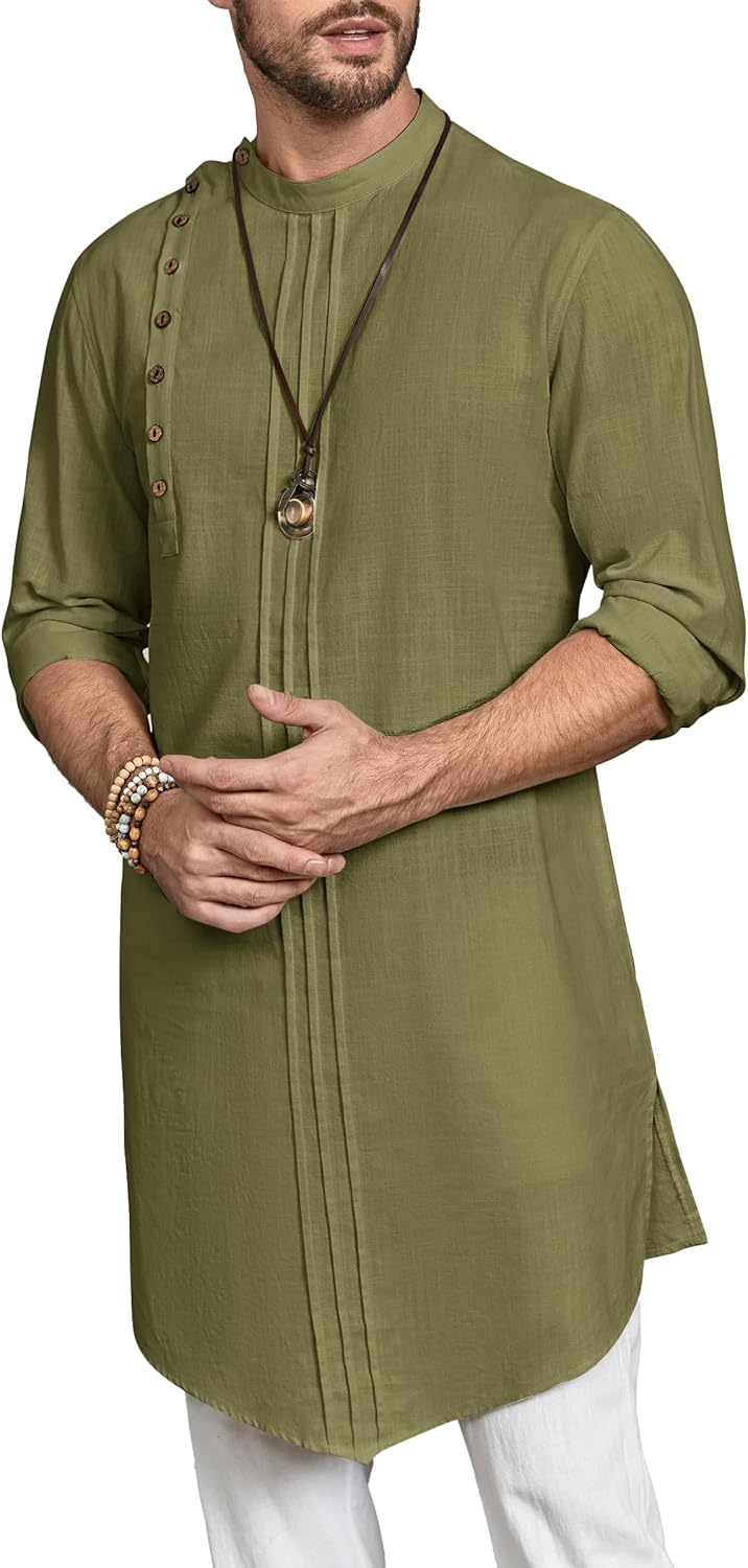 Gafeng Mens Kaftan Thobe Long Sleeve Robe Gown Casual Cotton Linen Button Muslim Shirt - Image 3