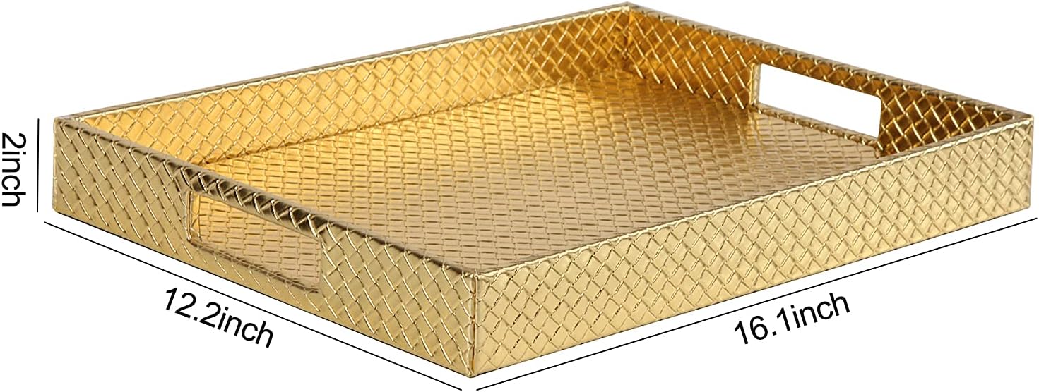 HofferRuffer Rectangle Serving Tray with Hole Handles for Coffee Table, Breakfast, Tea, Food, Butler - Countertop, Kitchen, Vanity Serve Tray, 16.2 x 12.2 x 2 inches, Faux Leather (Gold) - Image 6