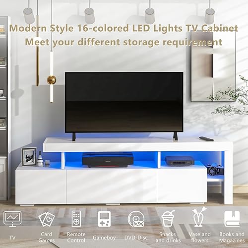Miniatura 2 de Mid-Century - Soporte de TV moderno para TV de 55/65/70 pulgadas, gabinete de televisión blanco con luces LED de 16 colores, mueble de TV,