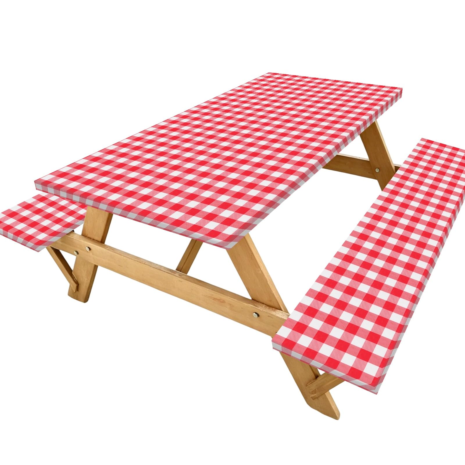 M METERXITY 1 Set Picnic Table Cover with Bench Covers, Flannel Back Waterproof 72x30 Inch Rectangular Elastic Fitted Tablecloth for Camping/Outdoor/Patio/Garden/Party [Checked Red White]