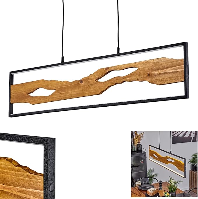 hofstein LED-pendellamp Nevogilde, metaal/houten pendellamp in zwart/natuur, houten balk, hoogte max. 150 cm, 1 x LED 20 Watt, 3000 K, 2300 Lumen