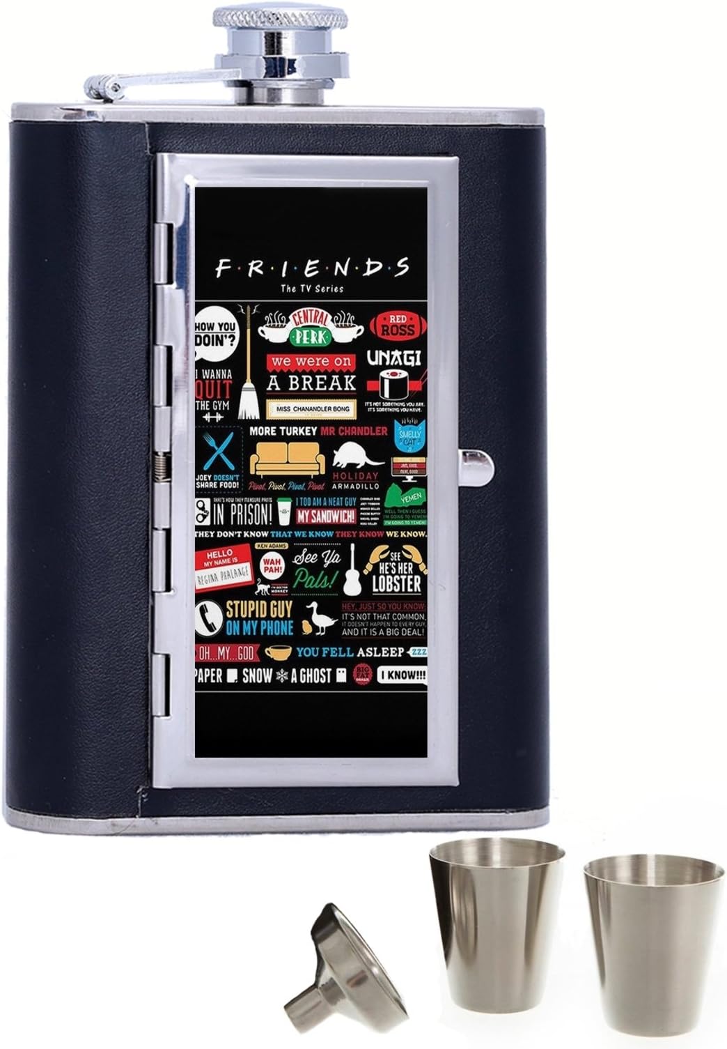 Friends TV Show Infographic Poster Design Custom Personalized Printed 6oz Black Faux Leather Hip Flask