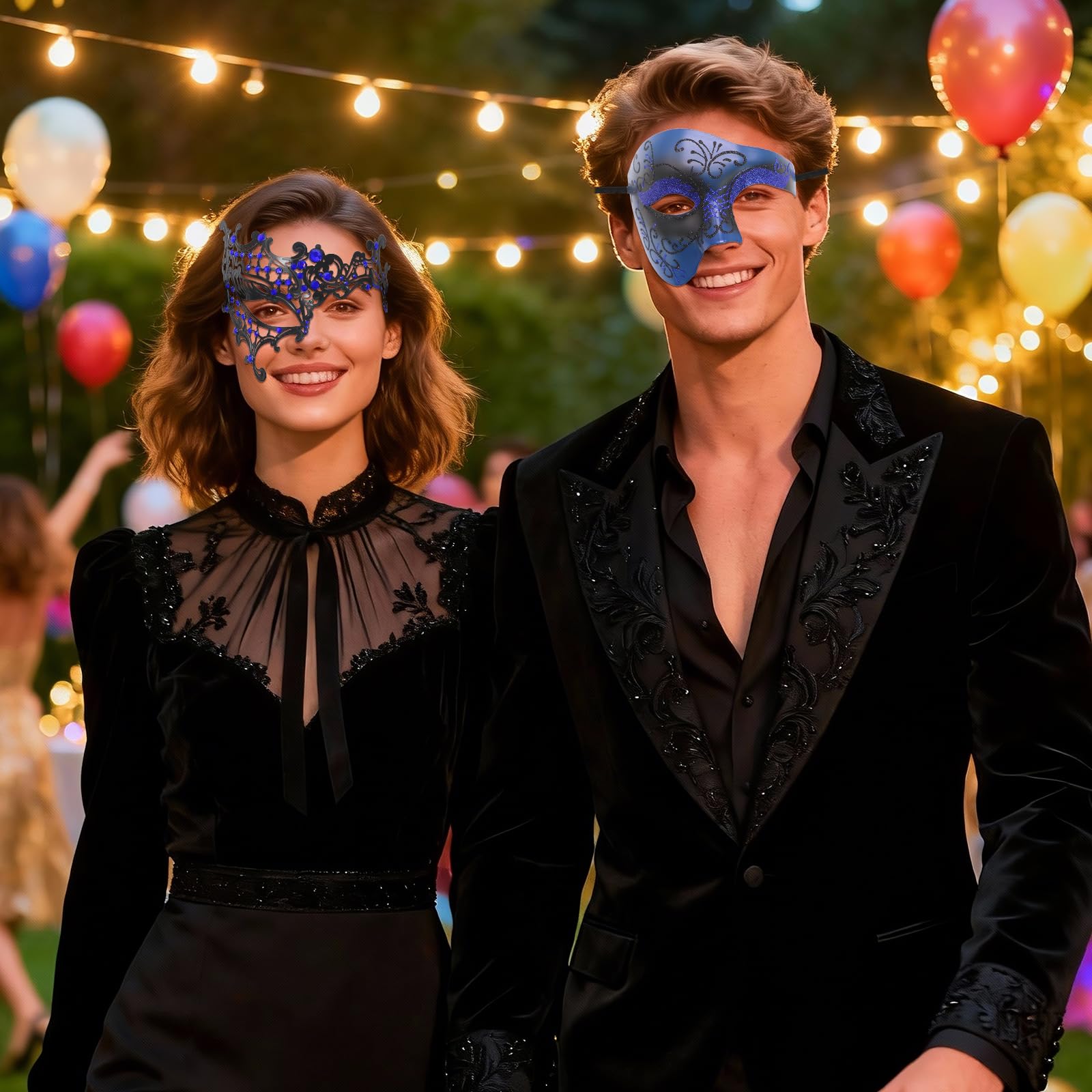 Oidea Masquerade Mask Couples Set: Vintage Metal Cosplay Venetian Party Mask One Eyed Half Face Masks Halloween Costume Mardi Gras Masks for Couples Women and Men Blue - Image 2