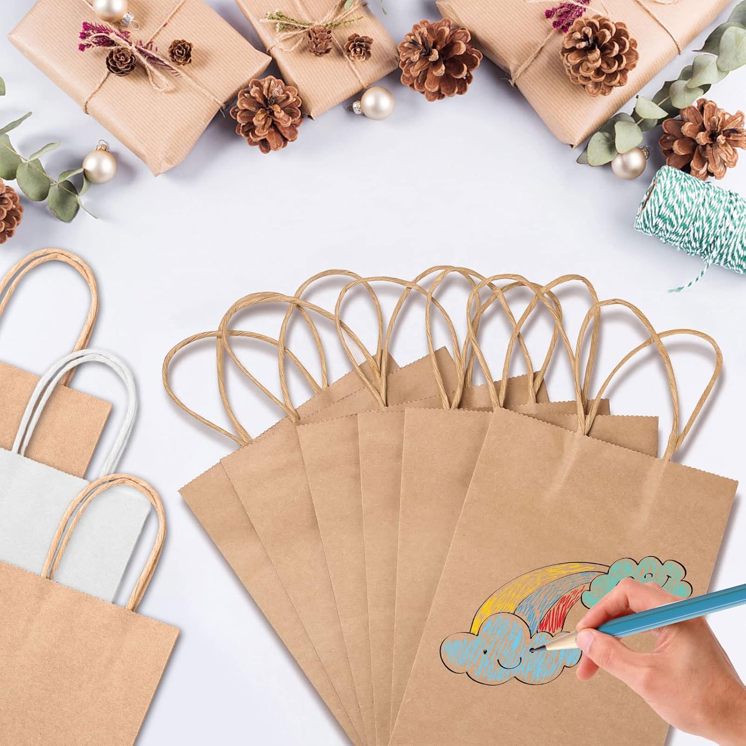 MULEVIP Pack of 42 Thick Brown Kraft Paper Bags with Handles for Christmas, Mother's Day, Weddings, Birthdays, Packaging – 21 x White, 21 x Brown (21 x 15 x 8 cm)