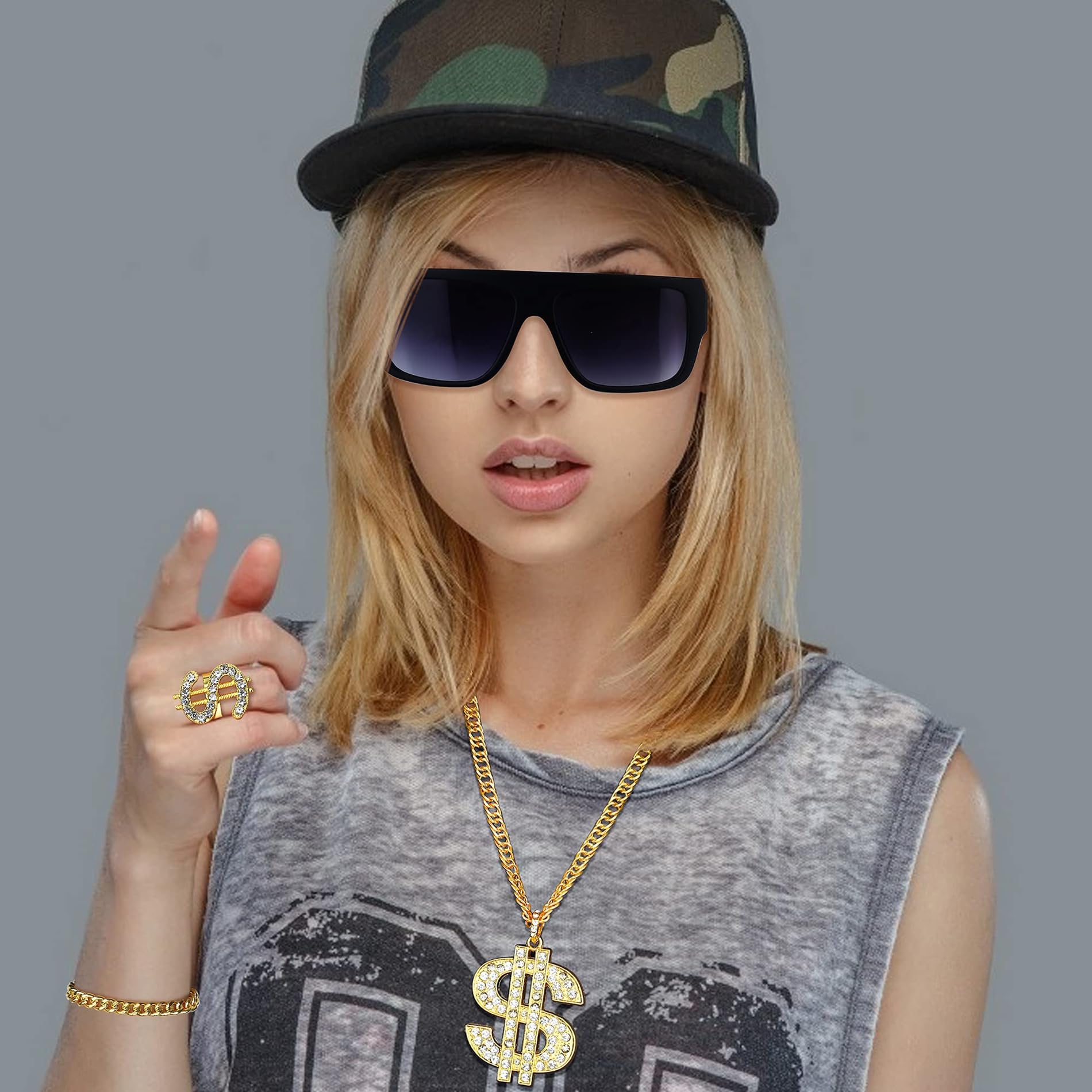CASSIECA 80s/90s Hip Hop Disfraz Kit para Hombres Mujeres Collar de Cadena de Metal Pulsera Gafas de sol Anillo de Signo de dólar Punk Hip Hop Rapero Bisutería