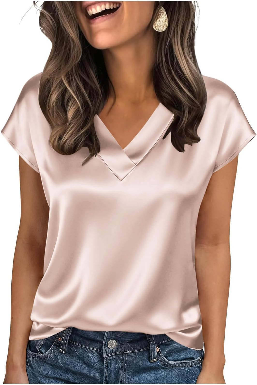 Satin V-Neck Shirt for Women UK Short Sleeve Silk Tops Ladies Silky Blouse Dressy Loose-Fit Shiny Satiny Top Summer Casual Office Work Shirts Everyday Daily Wear