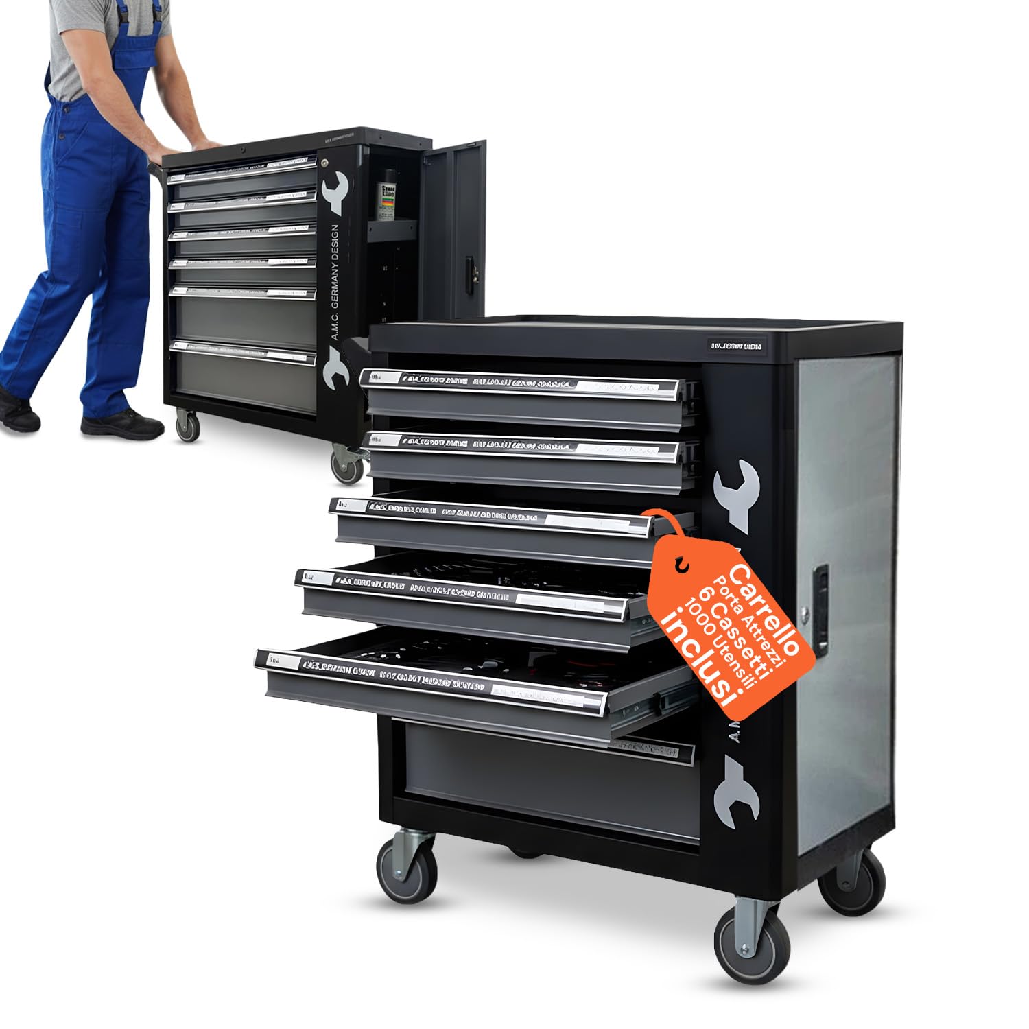 Avilia - Carrello Porta Attrezzi da Officina con 6 Cassetti e 1000 Utensili in Acciaio al Cromo Vanadio per Uso Professionale e Fai da Te