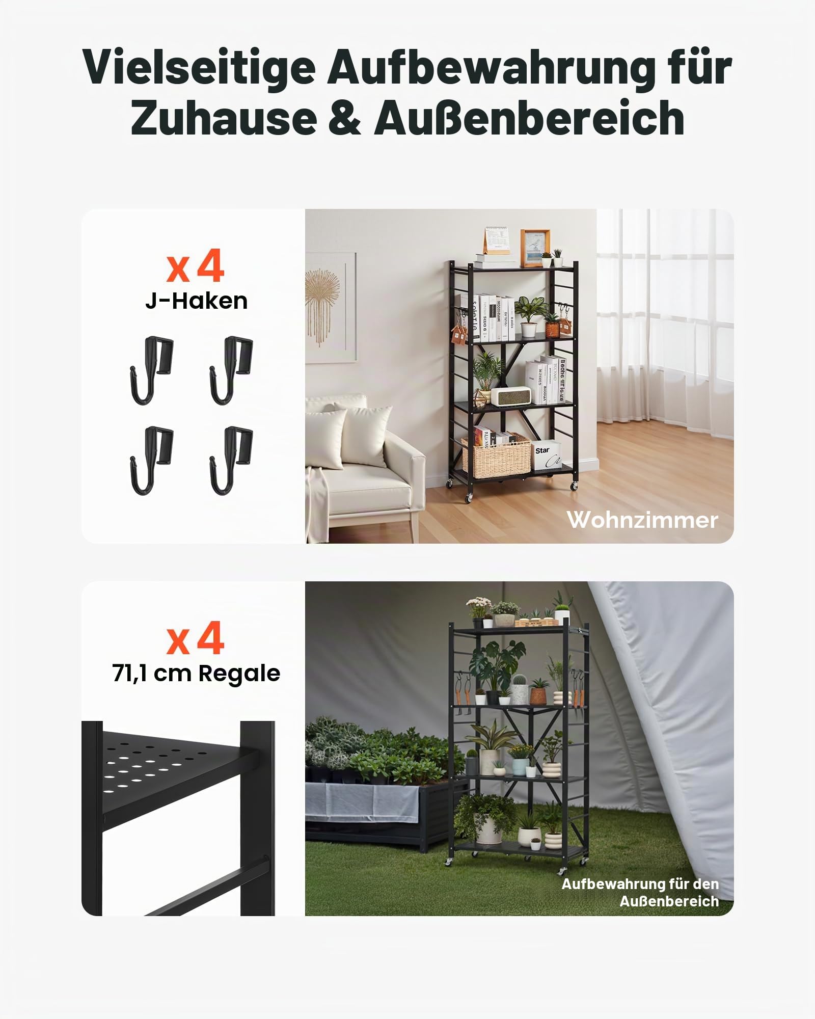VEVOR 4 Etagen, Klappbare Regale mit Rädern, 33x71x137 cm, Faltbares Schwerlastregal, montagefreies Standregal, Haushaltsregal, Küchenregal, Metallregal für Garage, Küche, Keller, schwarz