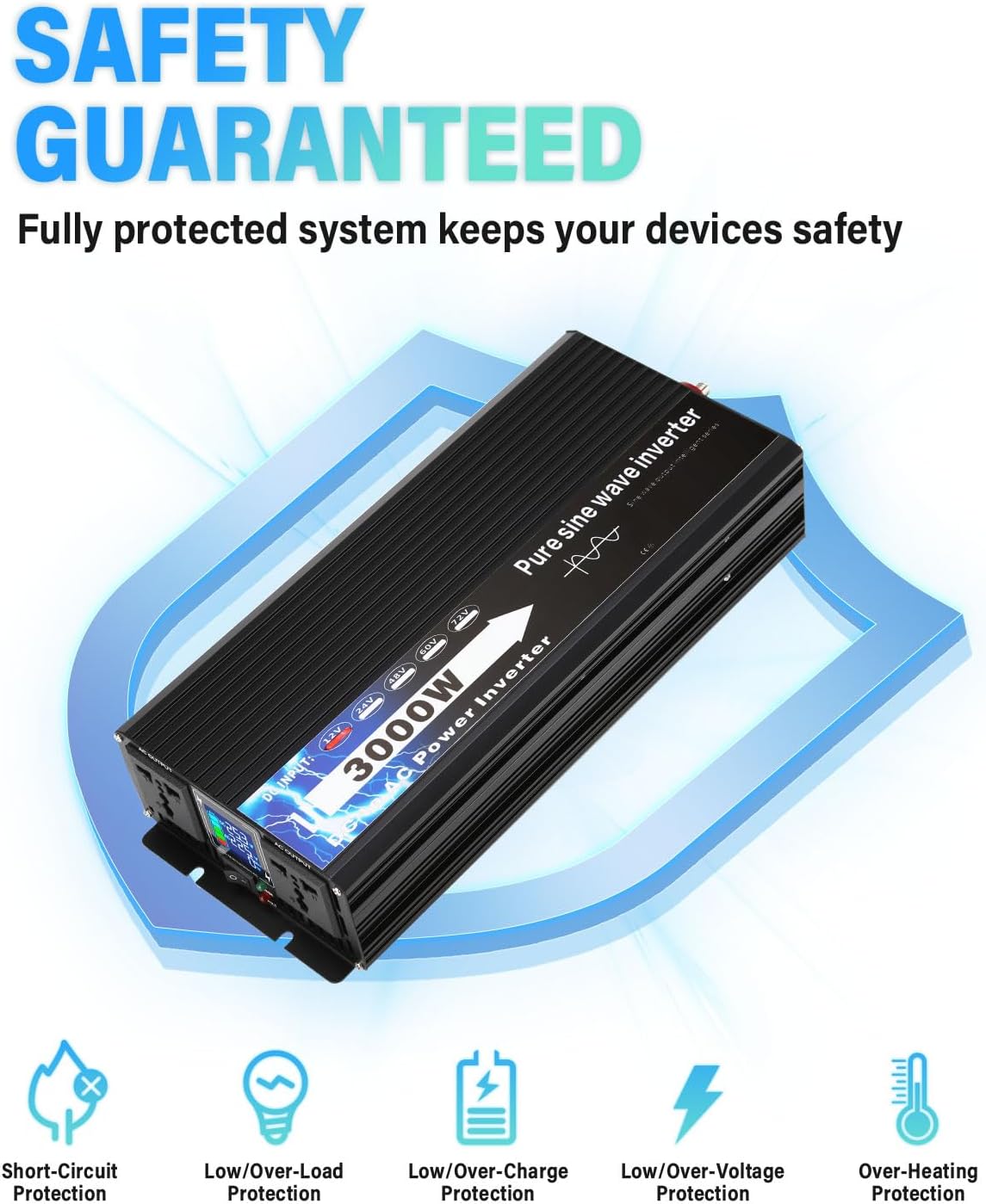 NIHAO 3000W Power Inverters DC 12V to 110V AC Converter with LCD Display, 2 International Socket and Battery Clips for Home, RV, Outdoor, Camping, Boat, Black