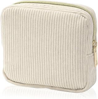 Beige Mini Corduroy Makeup Bag for Purse, Small Cosmetic Pouch with Zipper and Inner Pockets for Women ﻿