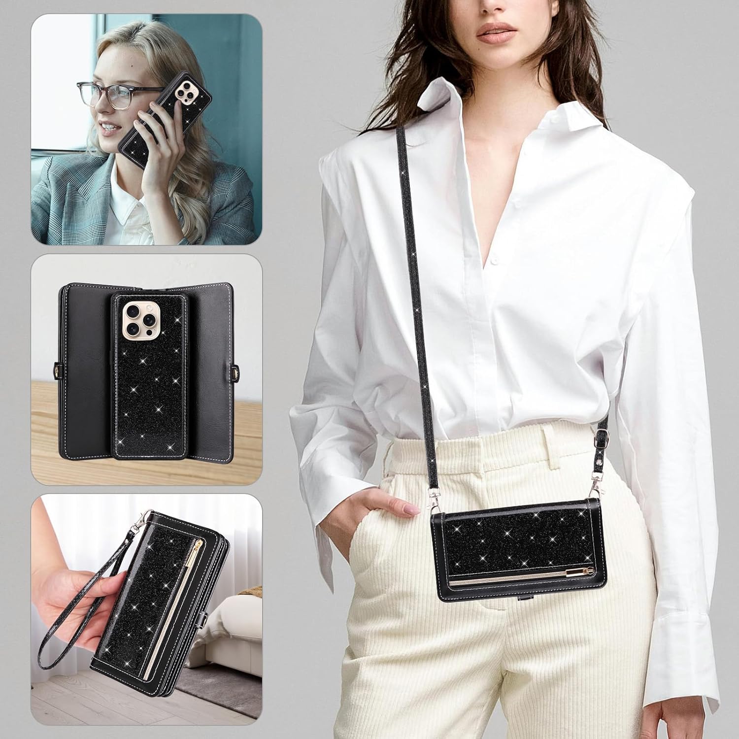 Asuwish Phone Case for iPhone 16 Pro 6.3 inch Zipper Wallet Cell Cover with Tempered Glass Screen Protector Crossbody Lanyard Strap Bling Glitter Flip Card Holder Slot i Phone16 i16 16Pro Women Black