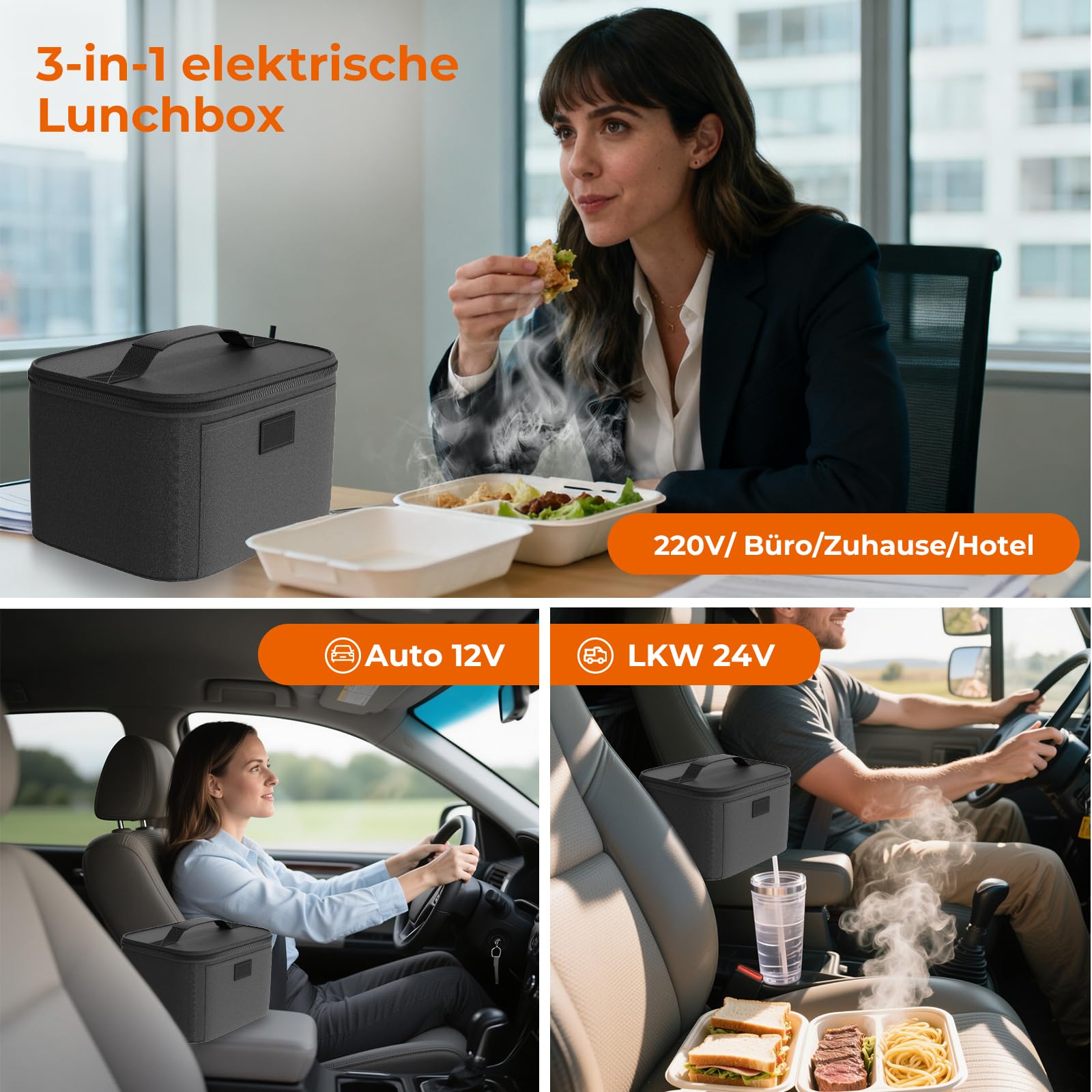 Elektrische Lunchbox - Kleine Speisenwärmer für Männer & Frauen, Mini Mikrowelle für Reisen, 12V/24V/220V 3-in-1 Selbstheizender Ofen für Auto, LKW & Büro, Schwarz