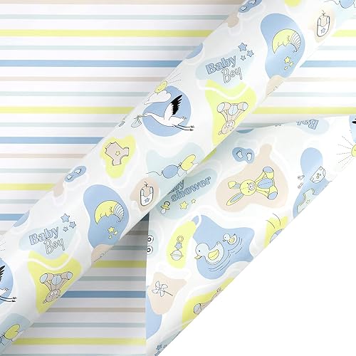 Vista 221 de WRAPAHOLIC Papel de regalo reversible, mini rollo, 17 pulgadas x 33 pies, adorable diseño de gato y azul sólido para cumpleaños, vacaciones