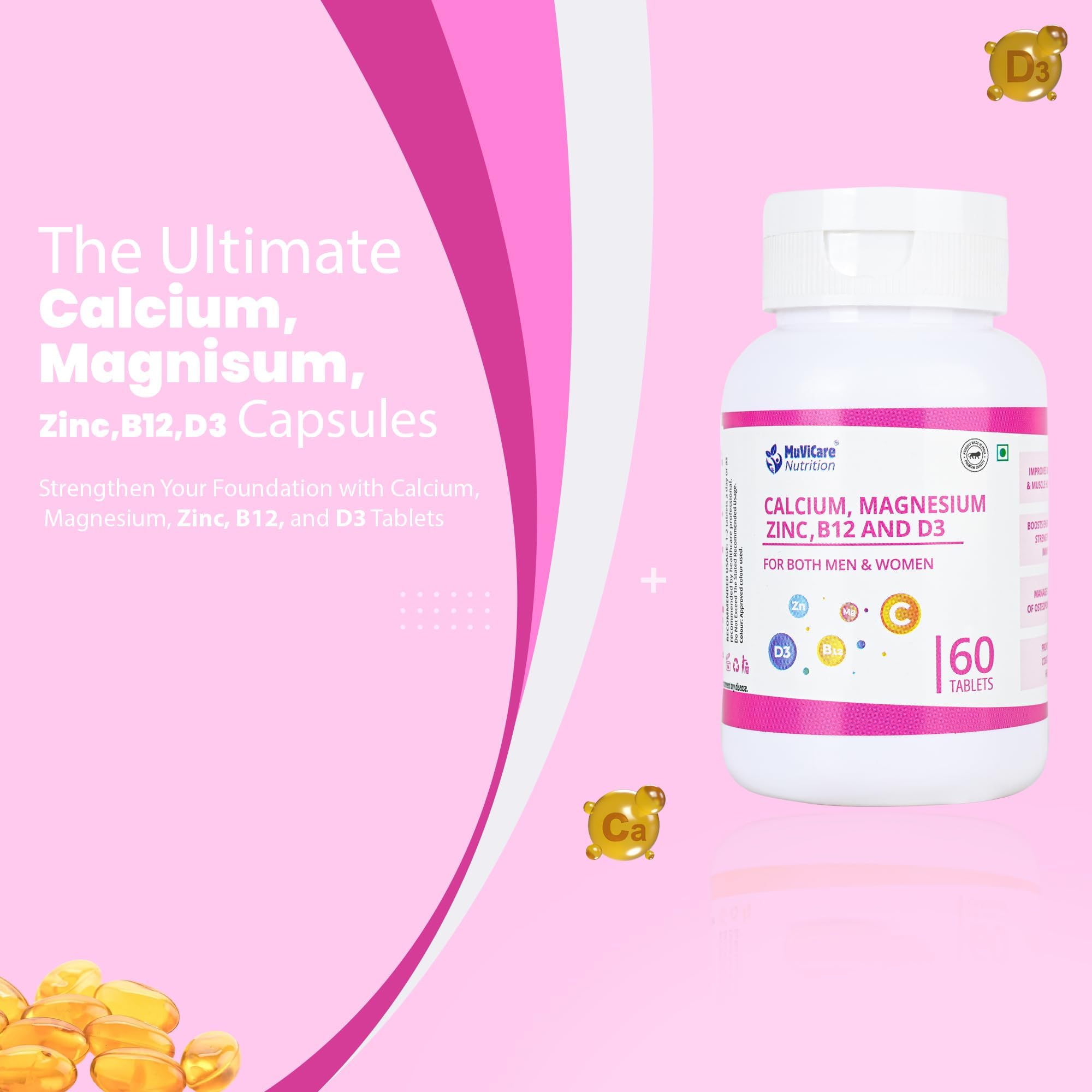 MuviCare Calcium and Vitamin D3 & B12 Tablets With Magnesium and Zinc (120 Tablets) | Bone Strength, Muscle Function & Immune Support | Daily Dietary Supplement for Men & Women 3