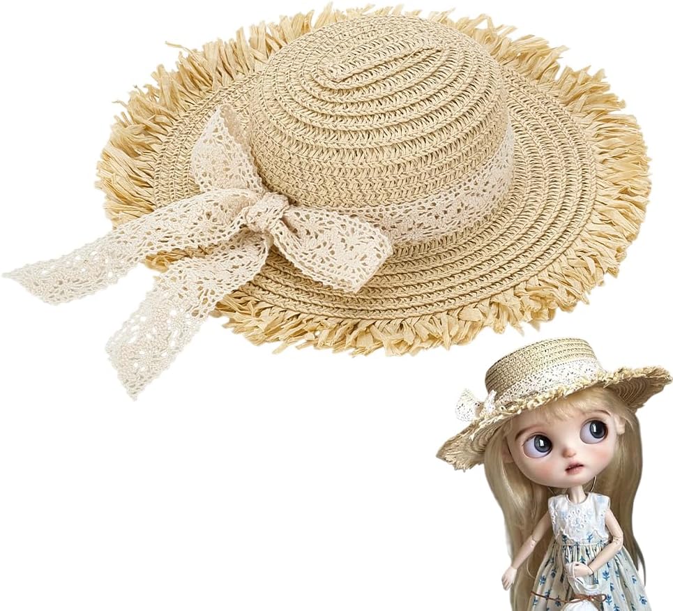 FINGERINSPIRE Mini Straw Hats for Crafts 3.4 Inch In Diameter BurlyWood Color Tiny Straw Small Hats with White Bowknot Small Cowboy DIY Decorations Knitting Accessories Woven Cap for DIY Accessories