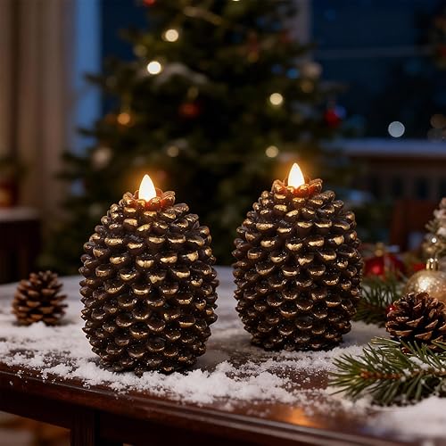 Miniatura 3 de Eldnacele Velas sin llama con cono de pino que funcionan con pilas con temporizador de 6 horas, sin perfume, cera real, mecha plana, piña,