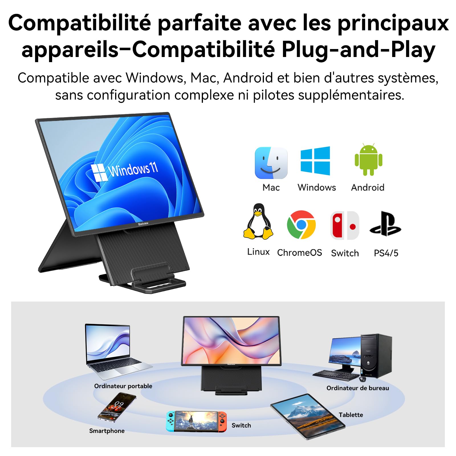 Blackview Ecran Portable, 23.8" 1080P FHD 100Hz Moniteur Portable, Gaming ecran pc IPS, Pied Pliable réglable à 90°, pour Laptop, Desktop, MacBook, PS4/5, Compatible VESA - 5