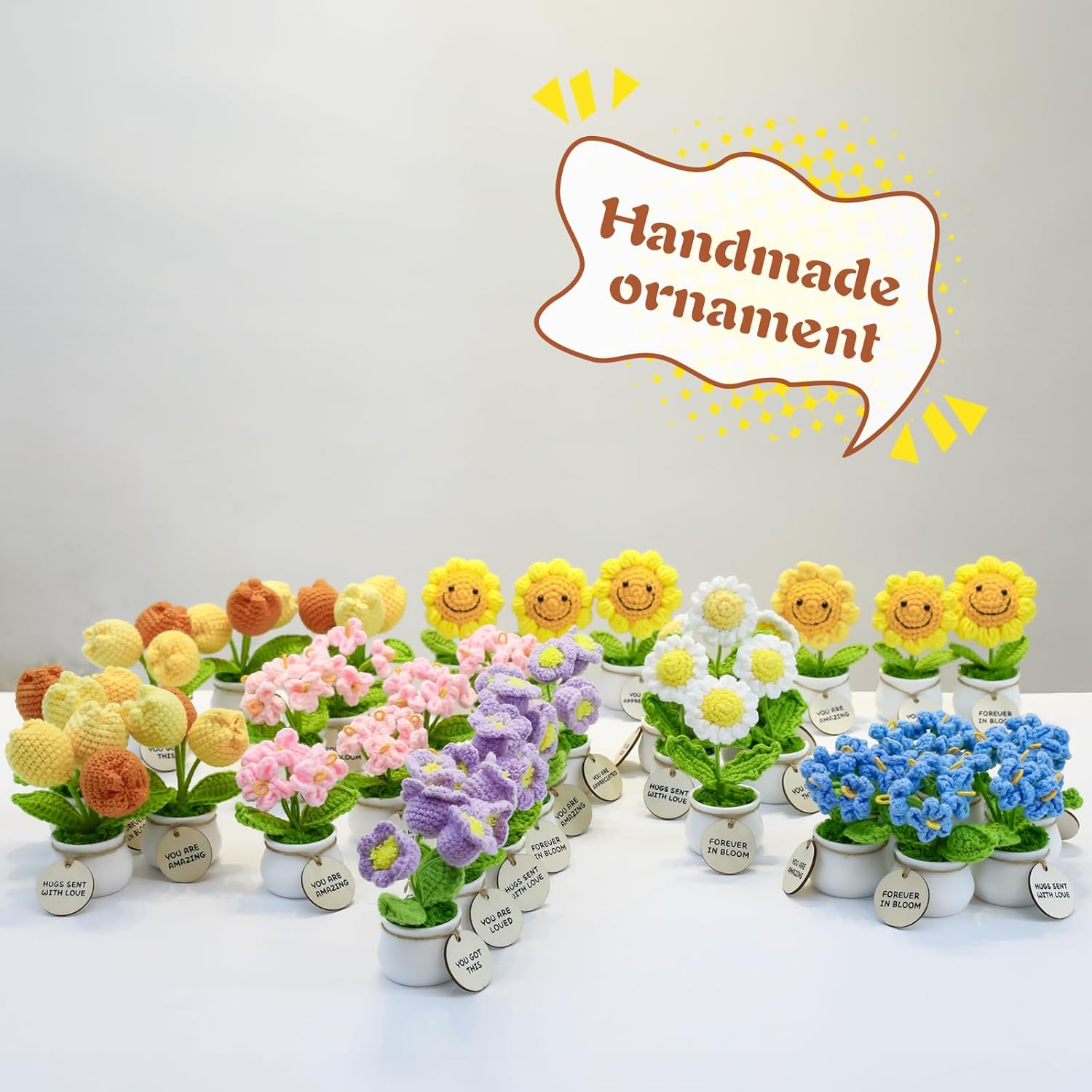 MSEHKM Encouragement Crochet Flowers with Positive Wooden Affirmations Handmade Artifical Flower Decor Ideal for Birthday/Christmas/Thank You Present (Gold Sunflower, You are Appreciated) - Image 2