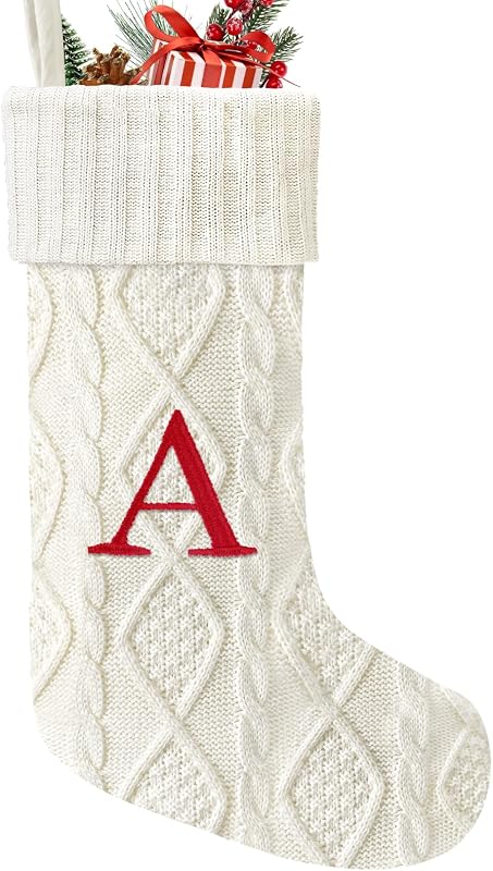 Medias navideñas de punto de 21 pulgadas con iniciales, medias navideñas con bordado de monograma personalizado blanco grande con letra, decoración navideña personalizada para fiestas familiares navideñas-A