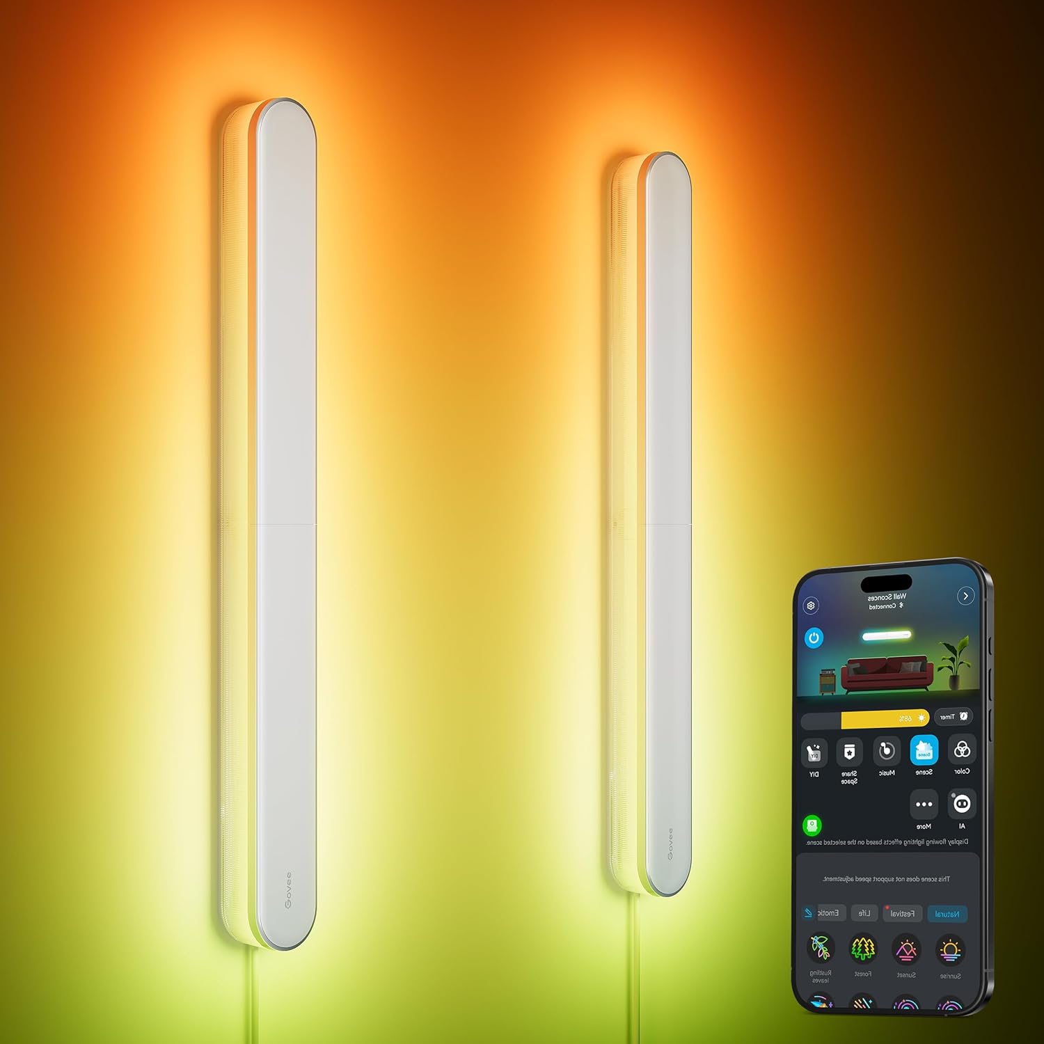 Wall Sconces Set of Two, RGBIC LED Wall Lights, Works with Matter & Alexa, Music Sync, Plug in Wall Mount Light, Dimmable Modern Room Light for Living Room Bedroom Hallway, 2 Pack