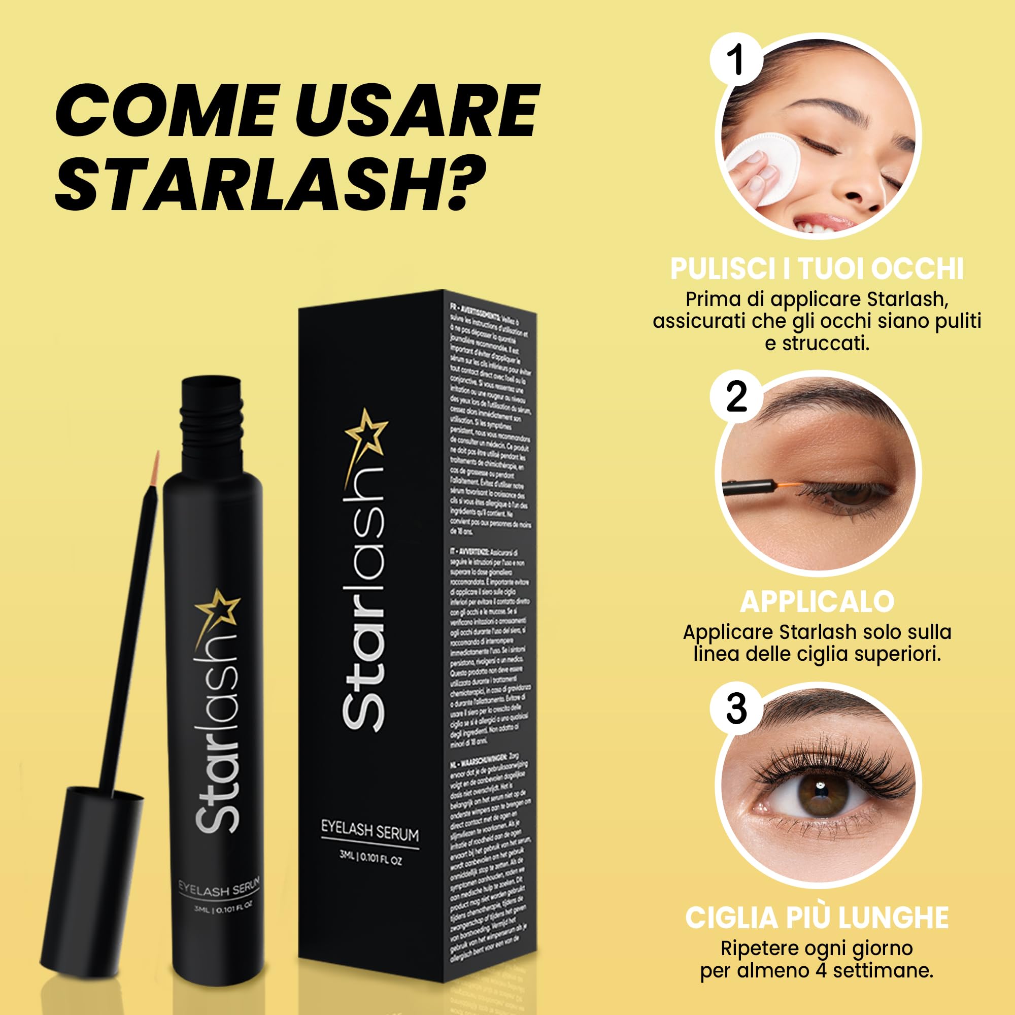 STARLASH Serum crece Pestañas 3ml - Largas y Fuertes - 30 Días - Crecimiento Pestañas y Cejas - Tratamiento Eyelash Growth Serum para Pestañas con más Densidad - 3ml