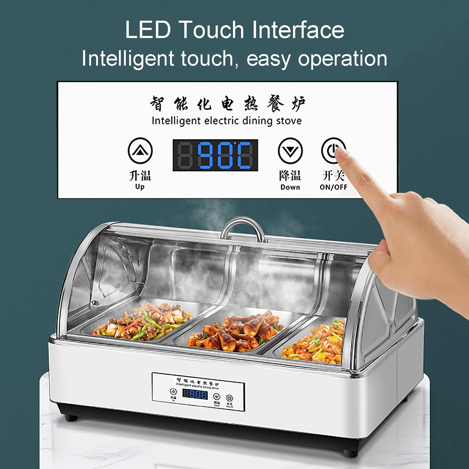 Set da Buffet Elettrico da 12 Litri, scaldavivande in Acciaio Inossidabile con Coperchio a Rullo, Smart Touch Regola la Temperatura, per Catering, Feste, Buff
