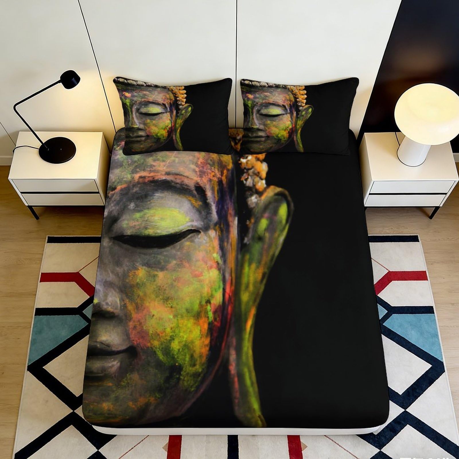 3D Printed Buddha Face Fitted Sheet Microfiber Soft Durable Abstract Art Mattress Cover for Bedroom Dormitory Guest Room Decorative Protection 120x200x25cm