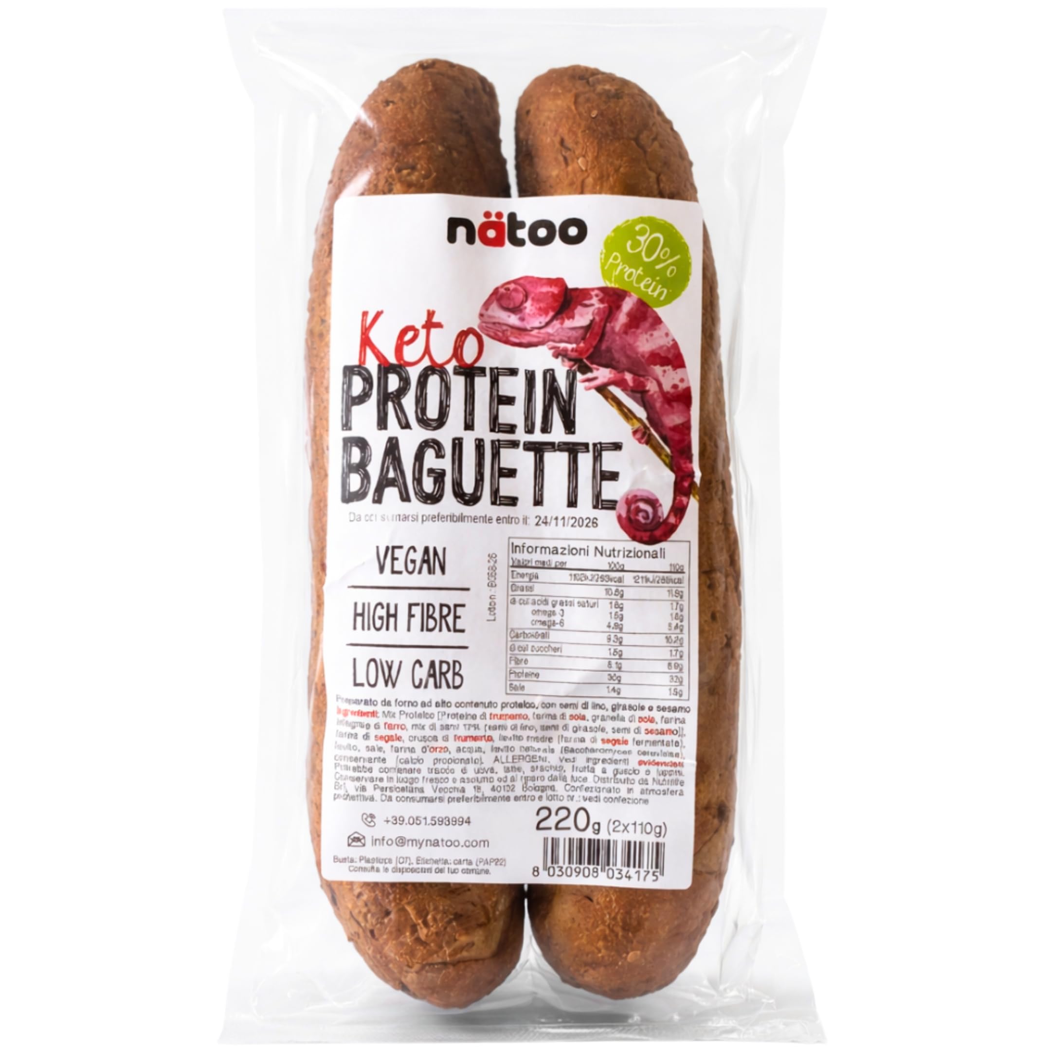 Nätoo Baguette Pane Proteico 440g (4x110g) Alimenti Keto Pane Low Carb Ricco Di Fibre Con Semi di Lino, Girasole e Sesamo Fonte di Omega-3 e Omega-6 per Dieta Keto
