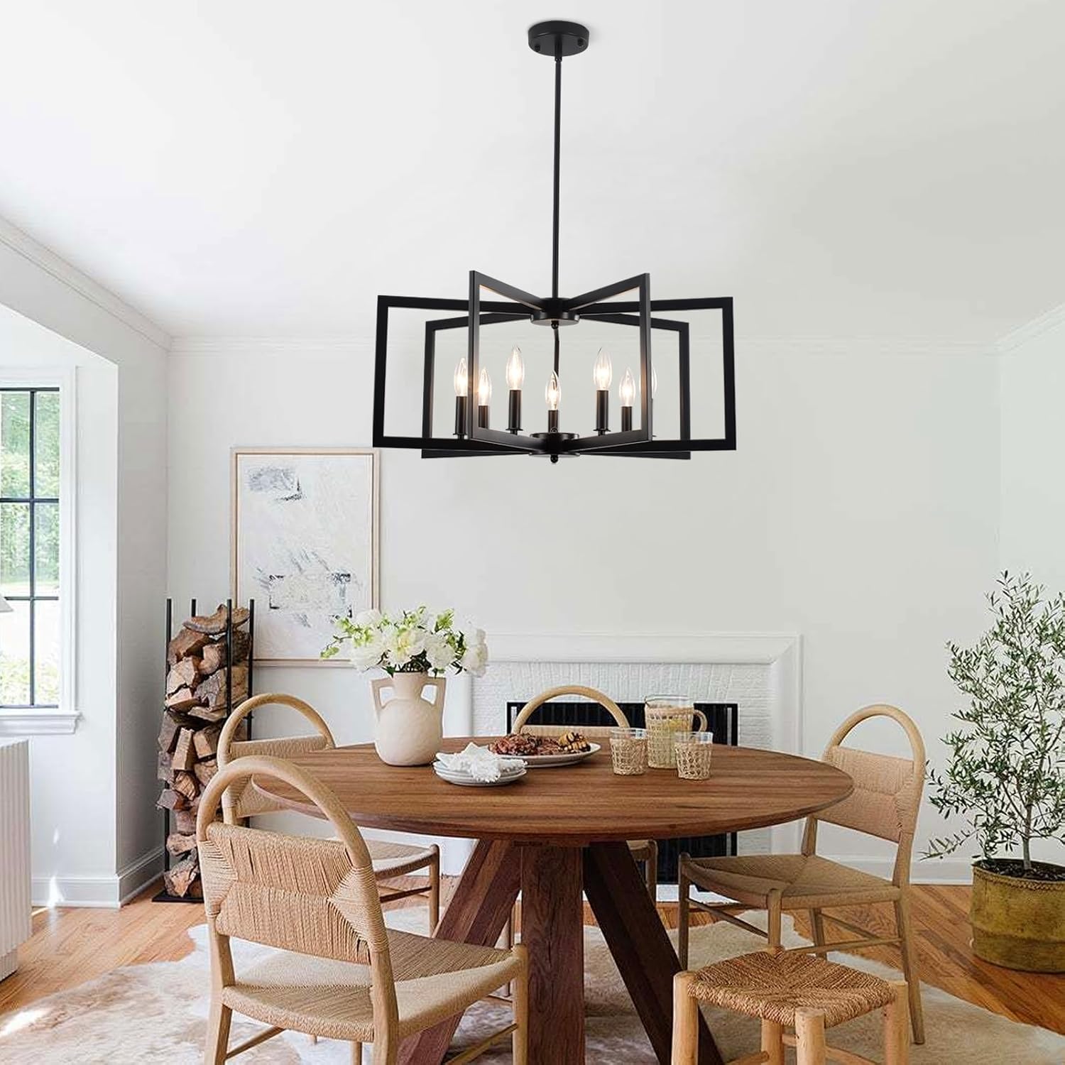 7 Light Black Chandelier, Geometric Dining Room Light Fixtures Modern Matte Black Chandeliers Over Table Hanging Industrial Chandelier for Bedroom Kitchen Island Living Room Foyer Entryway Hallway