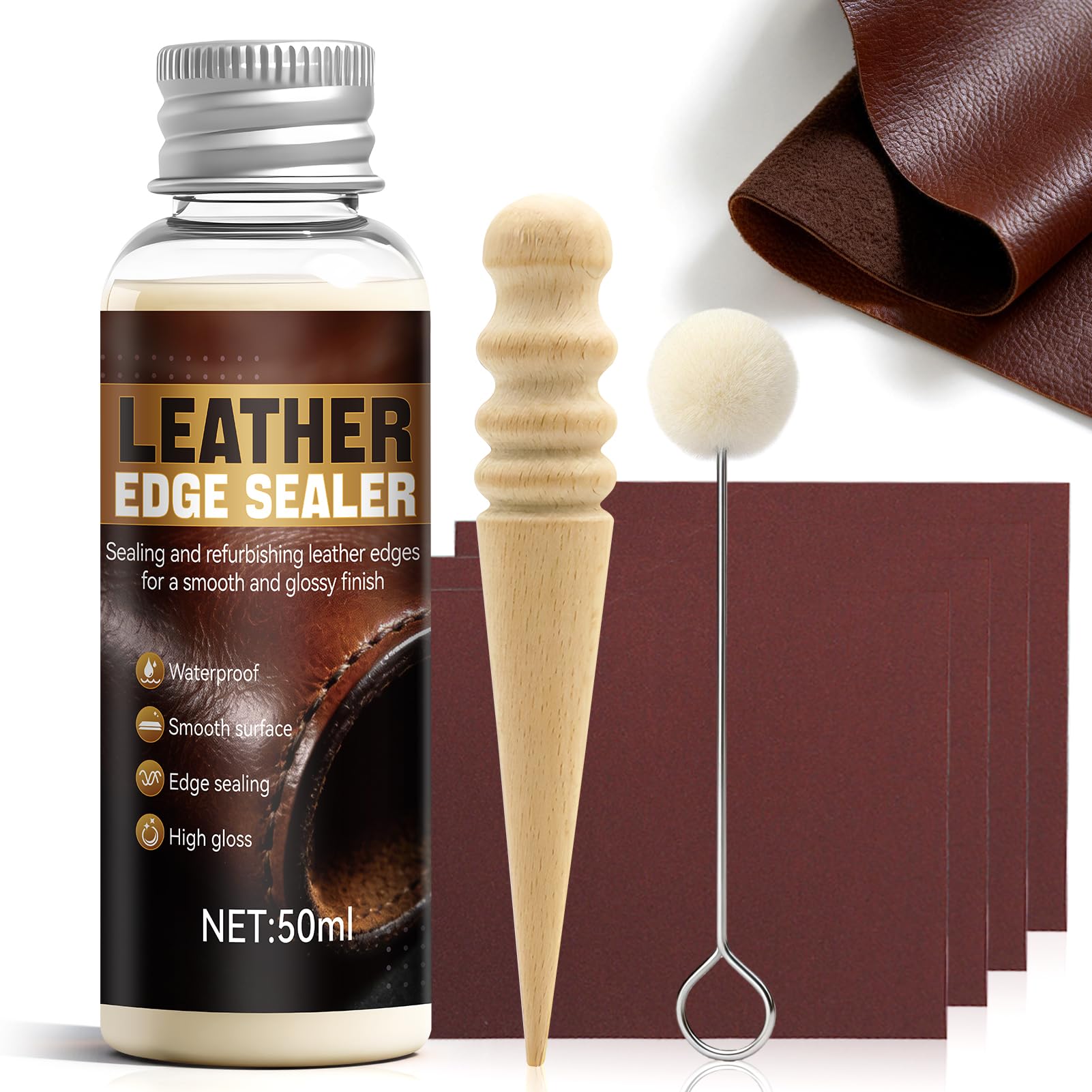 Leather Sealant, Leather Edge Paint, leathers Deglazer with Tools, Wool Balls, Sand, leathers Paint Suitable for Edge Banding of Wallets, Bags, Shoes and Other Products, 50ML