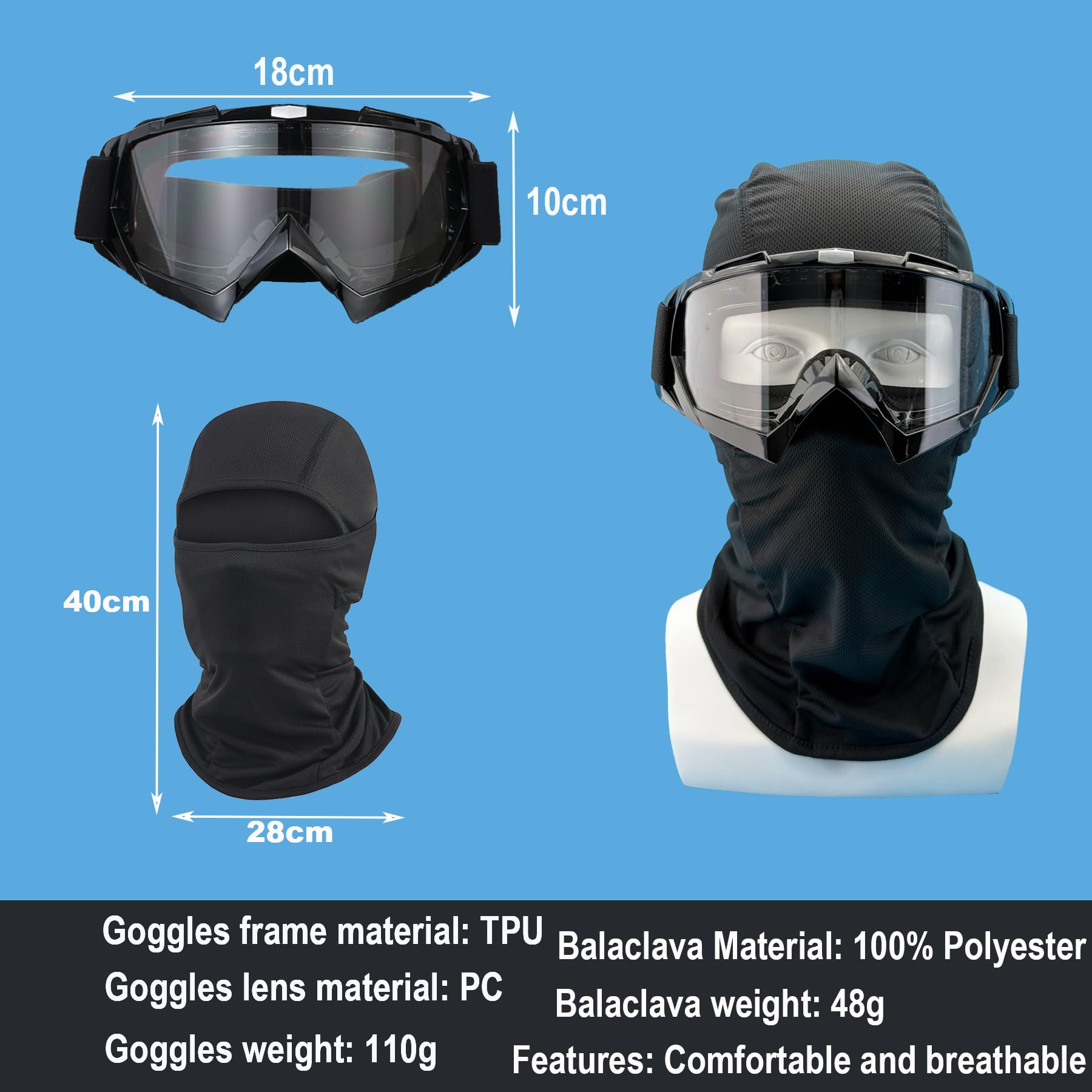 LJDJ Dirtbike-Brille, ATV, Offroad-Reiten, Motorrad, Motocross-Brille mit Sonnenschutz, UV-Schutz, Sturmhaube, Vollgesichtsabdeckung