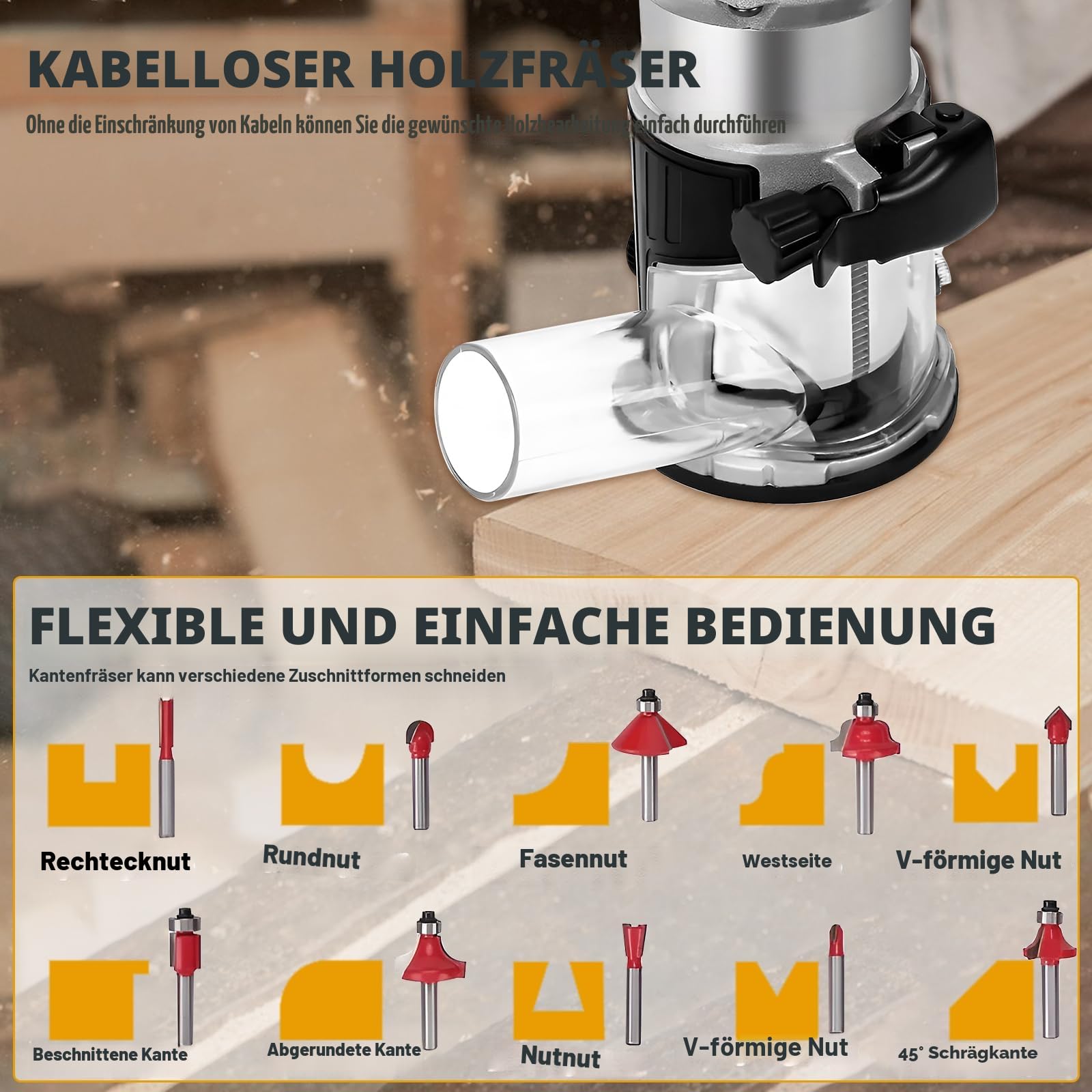 Akku Oberfräse für Makita 18 V, 800 W Bürstenloser Oberfräse Trimmer Einhandfräse Kantenfräser 30.000 U/min Akku-Holzfräser mit 15 Stück 1/4-Zoll-Schaft Fräser Set (ohne Akku)