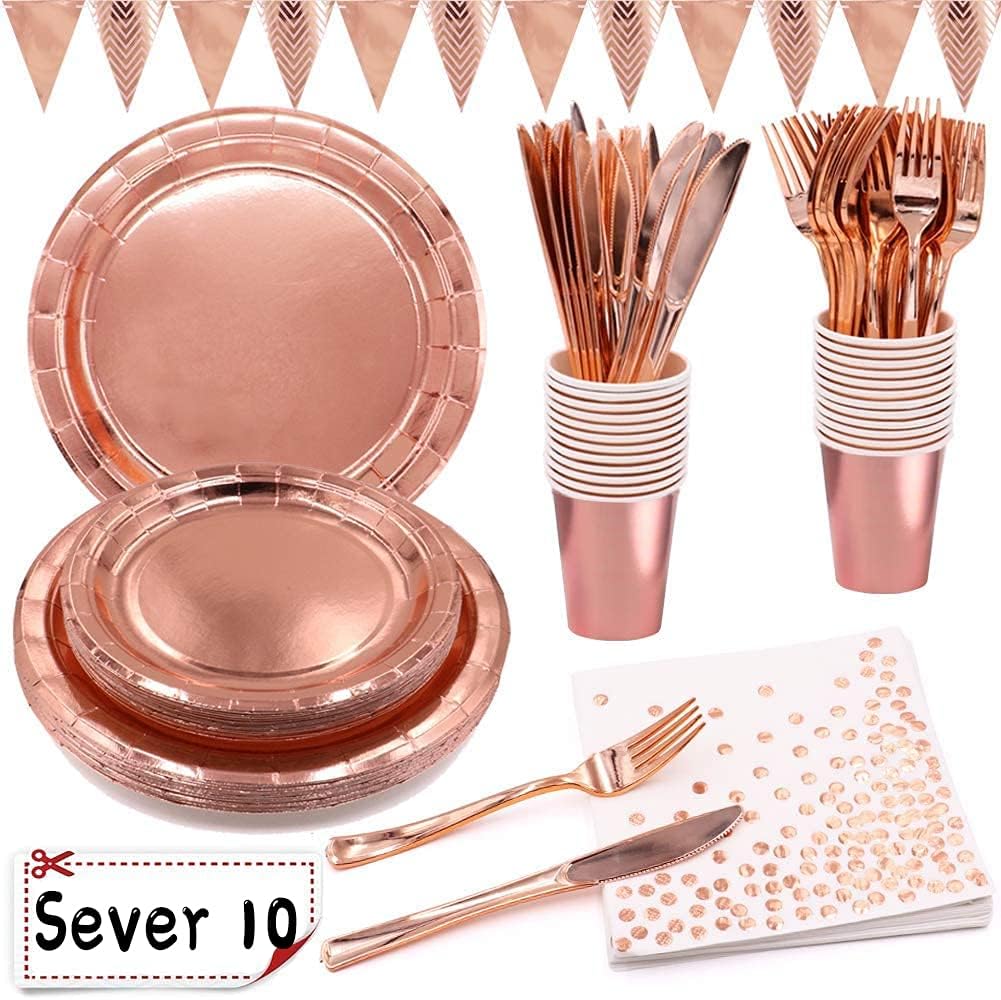 Rose Gold Party Supplies Foil Paper Plates Cups Napkins Forks Knives for Wedding Birthday Anniversary Rose Gold Party Tableware