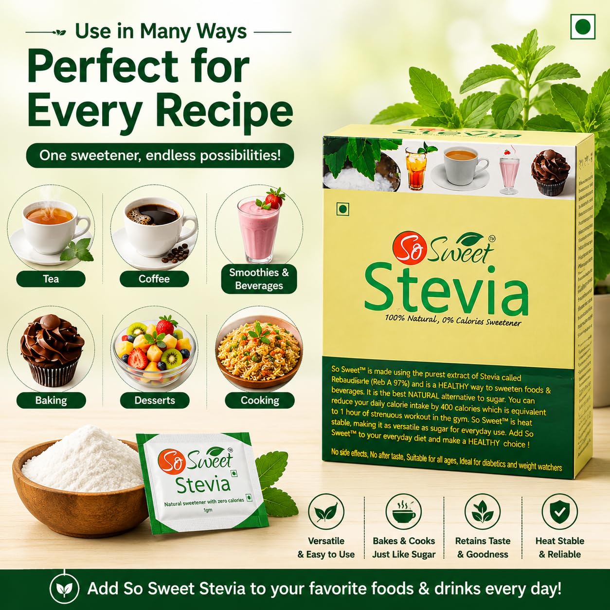 So Sweet Stevia 100% Natural Sweetener, Sugar-Free, 50 Sachets (Pack of 7), Zero-Calorie, Ideal for Coffee, Tea, Baking, and Cooking, Diabetic-Friendly, Perfect for Healthy Living and Low-Carb Diets 4