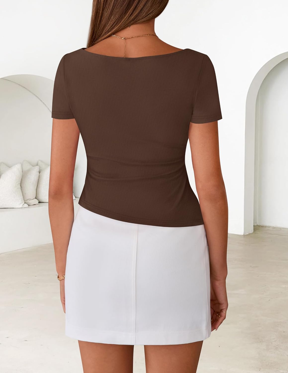 ZESICA Women's 2026 Summer Short Sleeve Tops Boat Neck Asymmetrical Ruched Fitted Shirts Y2k Trendy Going Out Clothes - Image 4