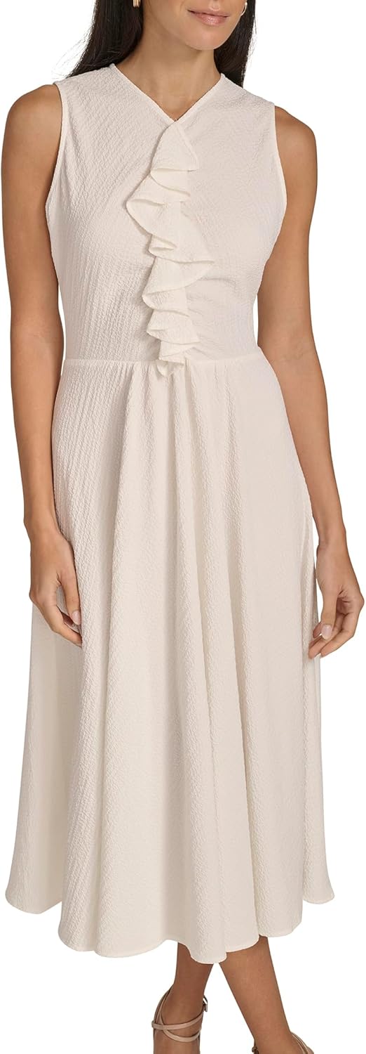 Calvin Klein Womens Sleeveless Ruffle Front Fit & Flare Midi Dress