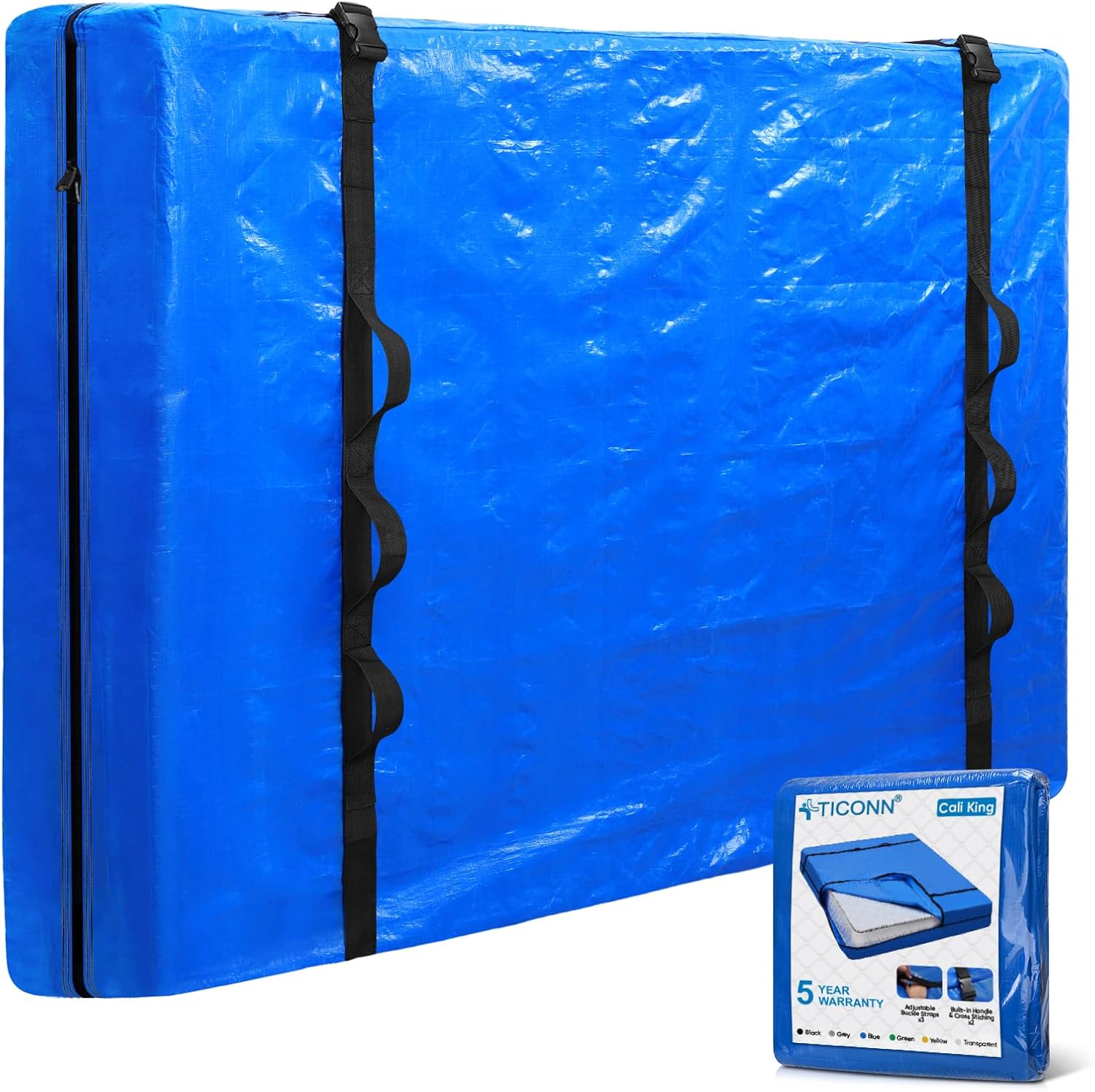 TICONN Mattress Bags for Moving, Heavy Duty Cali King Mattress Cover Storage Bag with Full-Around Handle and Adjustable Buckles (Blue, Cali King)