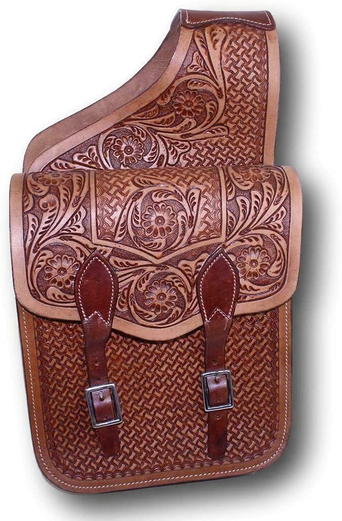 HUMAYL SADDLERY Horse Saddle Bag Western Cowhide Genuine Leather Equestrian Trail Tooling Carving Tooled Carved Pack Equipment Horse Saddle Bags Size: 10” L x 10” W x 3 ½” D inches, BAG162
