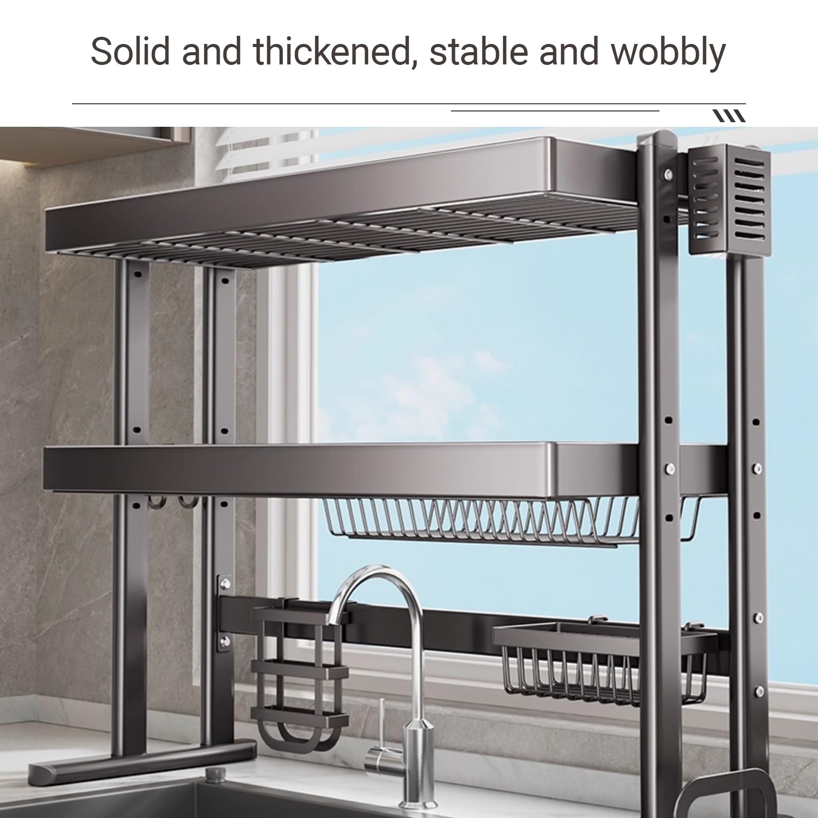 Escurridor vertical grande de 1/2 niveles de acero inoxidable para cocina sobre el fregadero, estante de almacenamiento multifunción para platos, cuencos, cestas de utensilios (una capa, 95 cm)