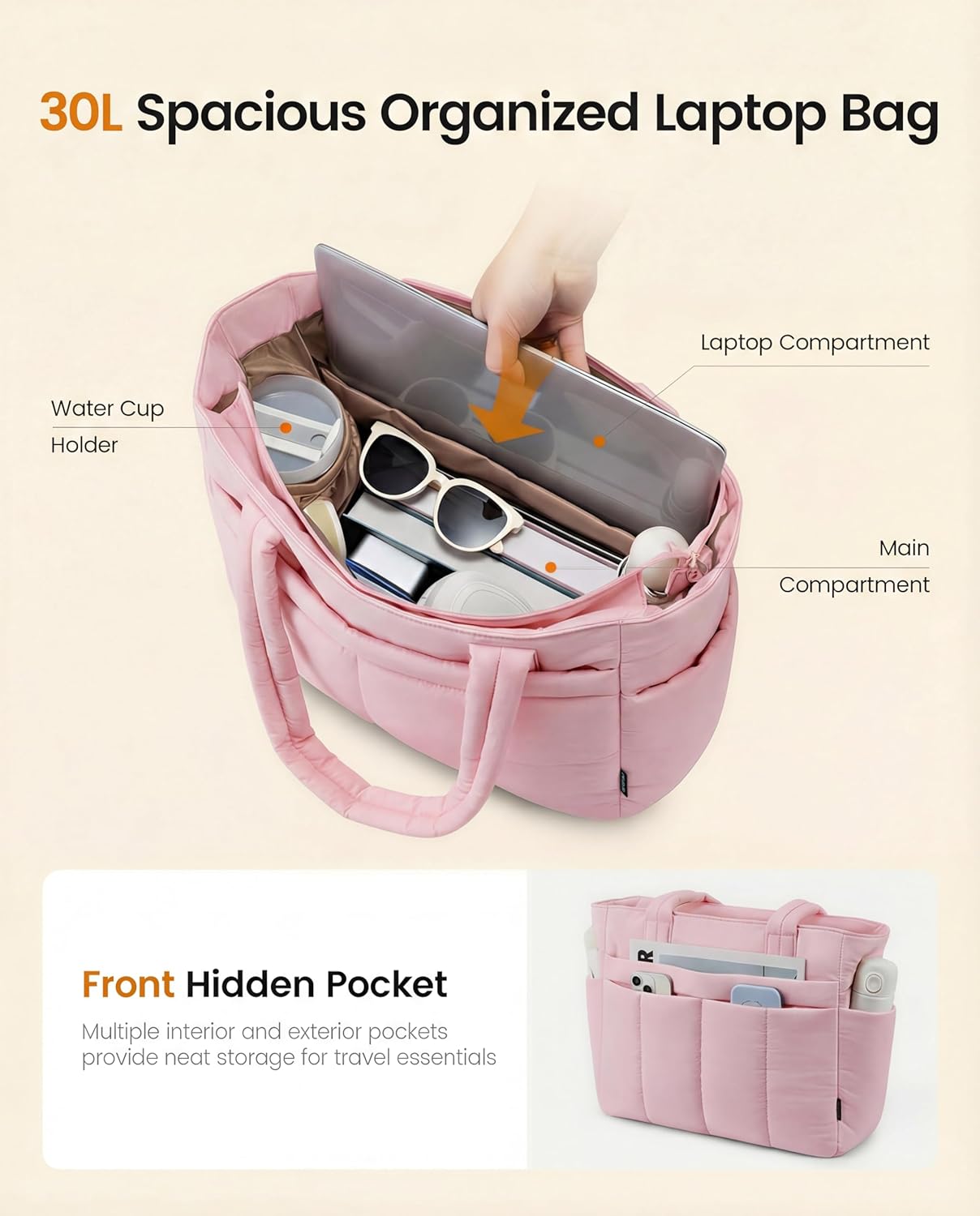 LOVEVOOK Puffer Tote Bag for Women Quilted Work Tote Handbags with Zipper 15.6 inch Teacher Nurse Bags for Office - Image 3