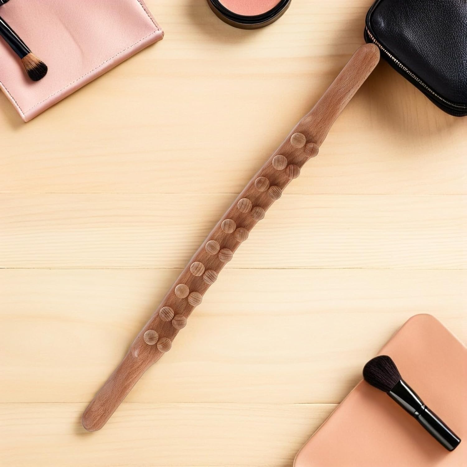 2pcs Carbonized Wood Massage Roller Stick with Double Rows 20 Beads, Manual Gua Sha Tool for Back and Body Muscle Relief, Suitable for Home Spa and Salon Use