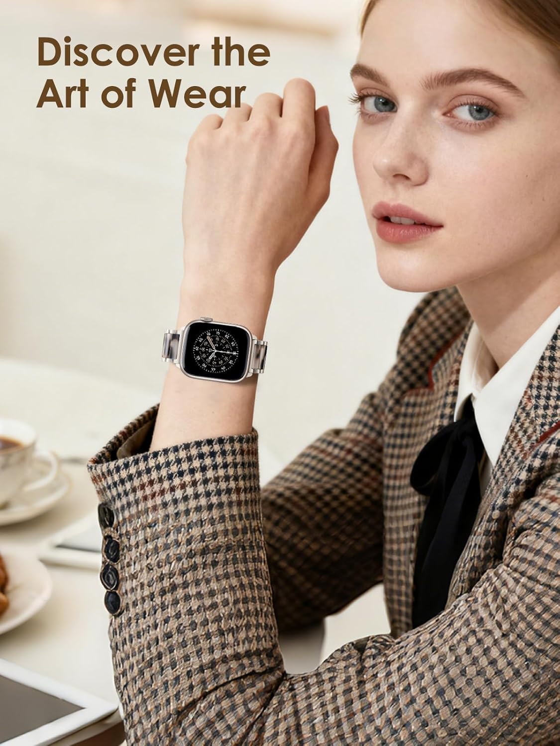 V.R.HOPE Apple Watch Band for Women 38mm 40mm 41mm 42mm, Fashion Rose Gold Stainless Steel Metal Strap with Resin Inlay, Fashion Bracelet Compatible with iWatch Series 11/10/9/8/7/6/5/4/3/2/1/SE (Black Floral+Starlight) - Image 6