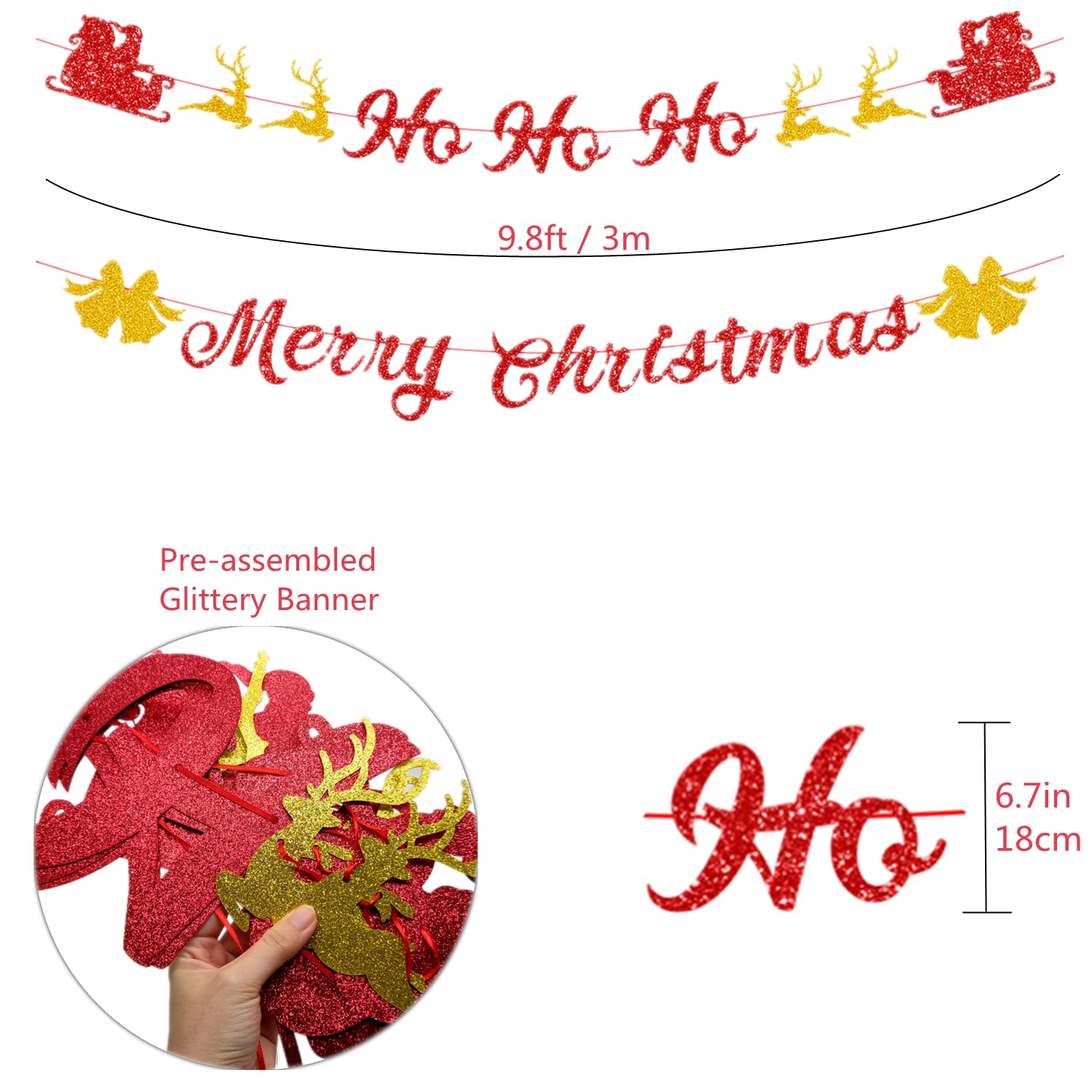 Weihnachtsbanner 'Merry Christmas & Happy New Year' – Gold-glitzernd, Vormontiert