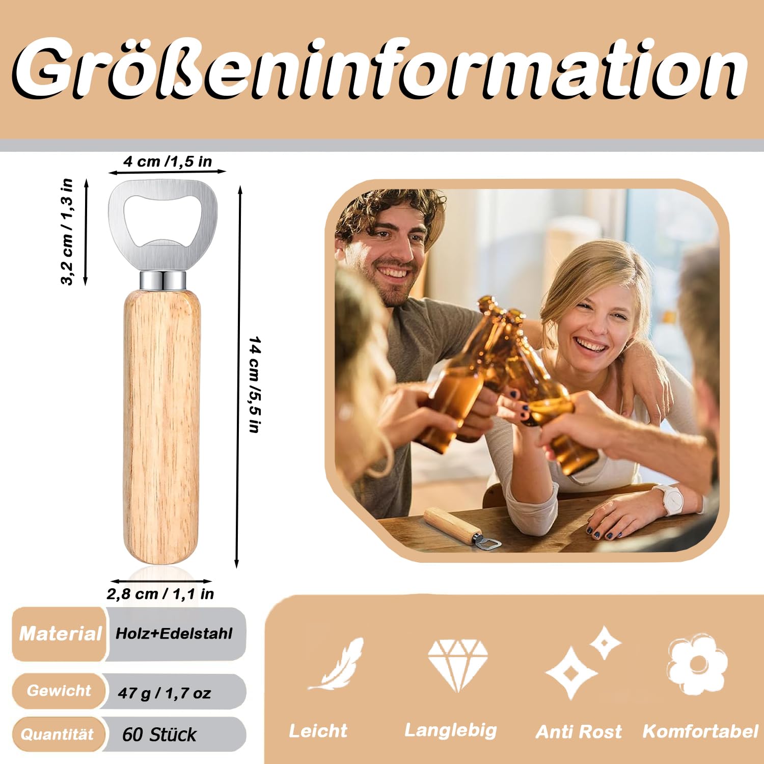 60 Stück Flaschenöffner Holz, Holzgriff Bier Kronkorkenöffner, Tragbare Kapselheber, Personalisierter Bierflaschenöffner mit Holzgriff für Zuhause, Küche, Bar